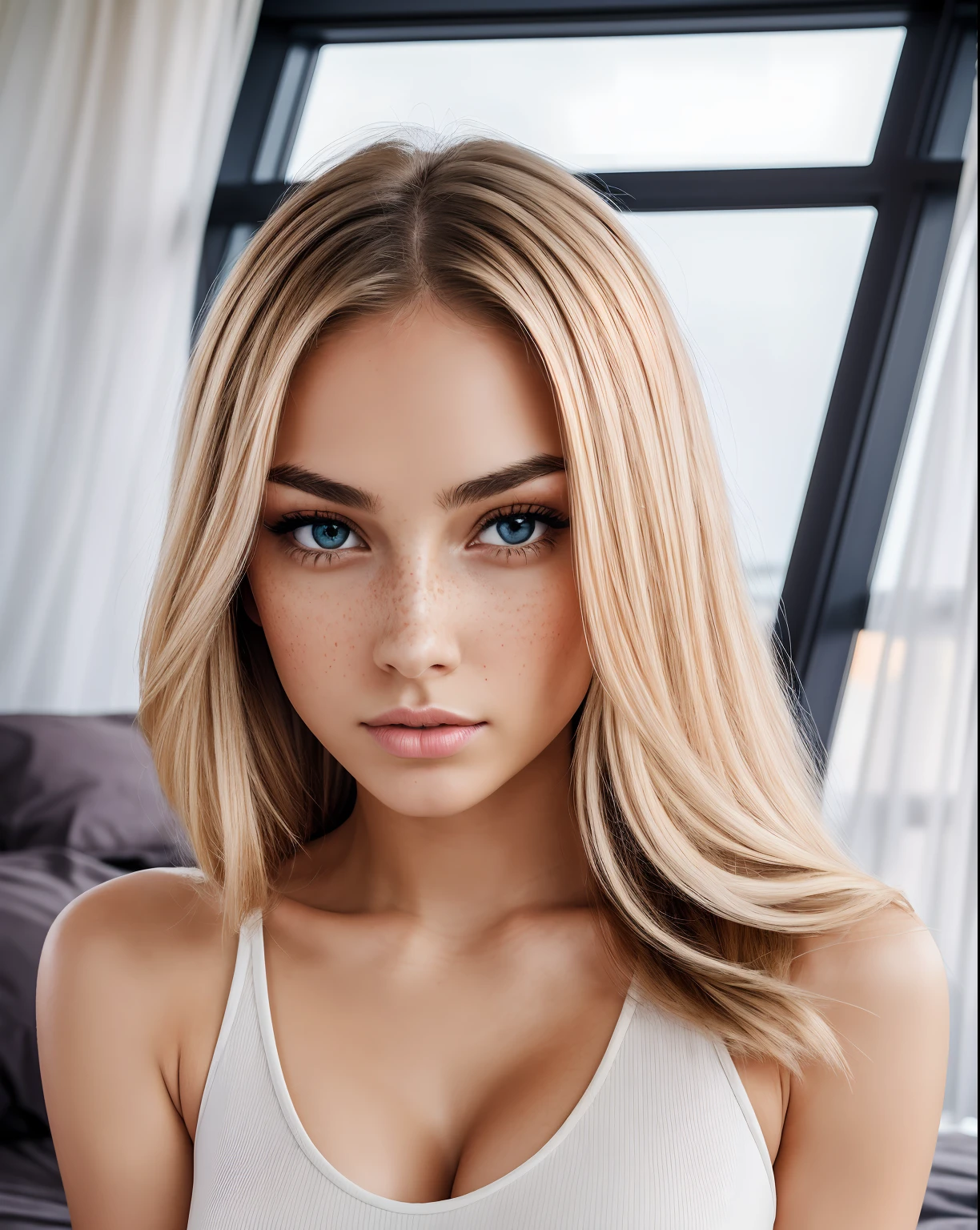 girl from Russia, oval-shaped face, high well-defined cheekbones, blushing cheeks, symmetrical face, slender nose, straight slightly upturned nose, delicate nose, symmetrical plump luscious full lips, softly closed mouth, expressive oval-shaped eyes, hazel eyes, defined perfect round irises, catch light, dilated pupils, well-groomed arch shaped perfect eyebrows, naturally blonde platinum thick hair, wavy hair, flawless radiant skin, soft texture skin, curvaceous hourglass figure, tight waist, fit skinny petite physique, revealing cleavage, perfect boobs, perfect fit big ass, sensual abdomen, pure eros face, chill stare, subtle under-eye shadows, sitting on a bed, window with view with city lights, orange soft light, twilight, dim light, canon 85mm f1.2, bokeh, best quality, ultra high resolution, photorealistic, subtle blemishes, (acne:1.1), freckles, casual sexy seductive alluring outfit, panties, full body shot, light makeup, night, bokeh, pink, black, crimson, orange, turquoise, amber