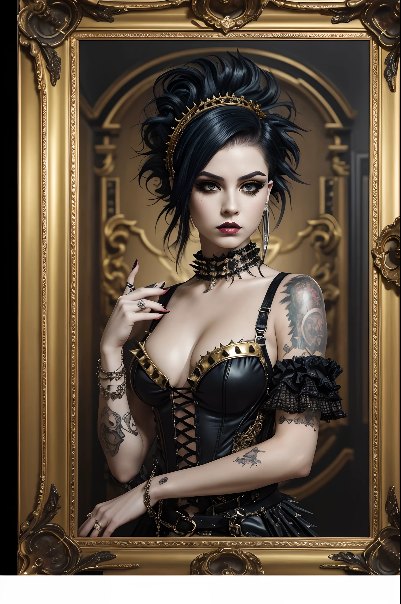 a Late Baroque, rococo regel 2d waterpaint oil painting fearful intimadating savage traditional fullbody queen female shaved skinpunk goth, emo goth spikey fashion shoot editorial style, Hypebeast ultra fast fashion with goth emo accessories inside a golden picture frame