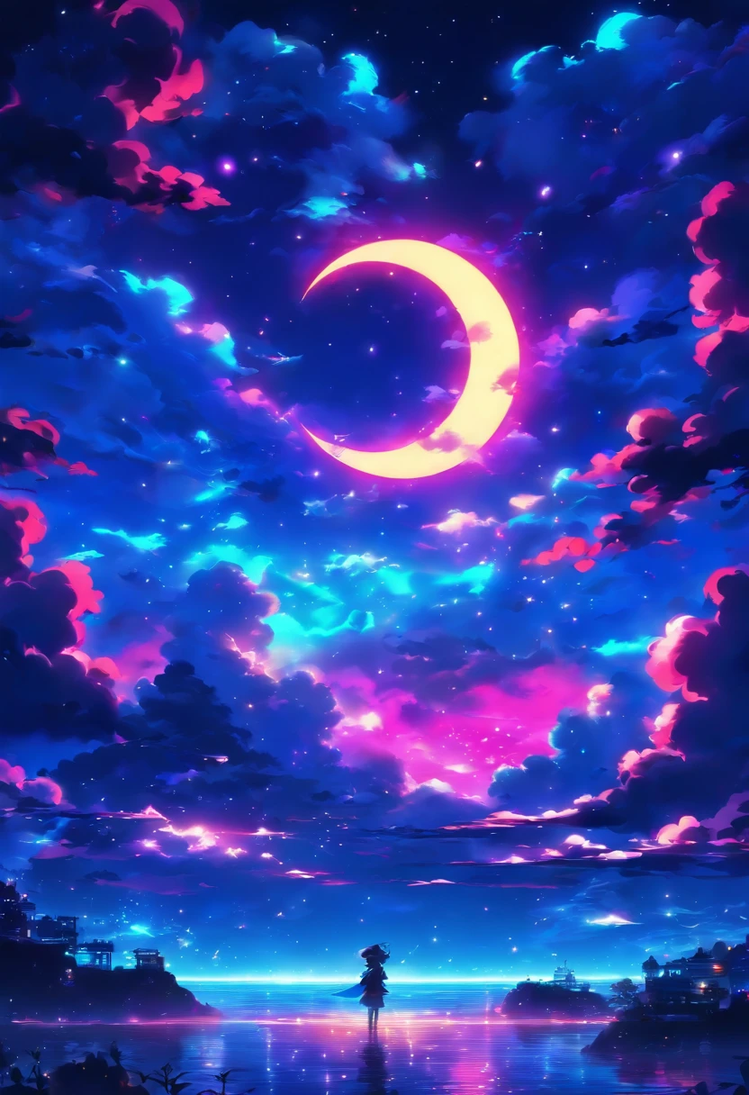 neon light art, in the dark of night, moonlit seas, clouds, moon, stars, colorful, detailed, 4k