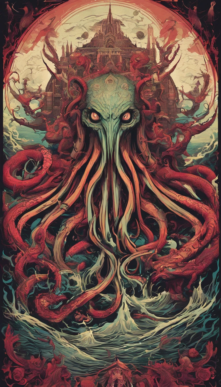 From the depths he emerges, devil,
The Cthulhu's Parade in crimson hues.
Whispers of the otherworldly echo,
A festival where madness and beauty fuse.
In the night sky adorned with abyssal splendor, warm colors
Feathers stained with blood dance and soar.
Entwined by threads of fate,
The deranged revel in ecstasy's roar.
Oh mighty Cthulhu, ruler of the depths,
In our pursuit of desires so forlorn,
We embark on a path of madness and despair,
Guided by the disciples of the one we adorn.
On the grand boulevard, grotesque forms stride,
Where terror and beauty intertwine.
In the realm betwixt dreams and nightmares,
We surrender ourselves to euphoria's shrine.
Praise his name, the great Cthulhu,
Monarch of the abyss, the wellspring of our insanity.
In this eternal procession's stage,
We celebrate the coming of the world's calamity.