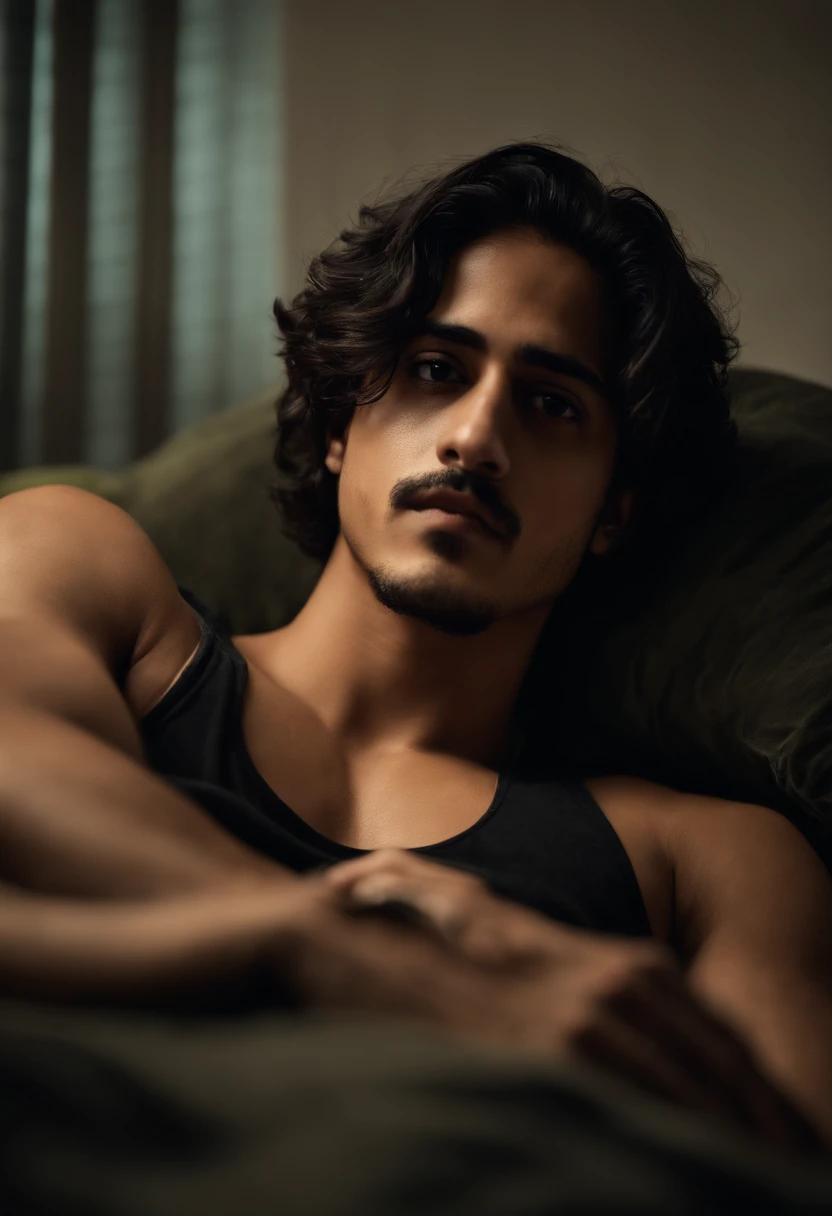 20-year-old male with dark hair, avan jogia, two block haircut , stubble on his face , dressed in a plain black tank top, lying on a bed, pensive expression