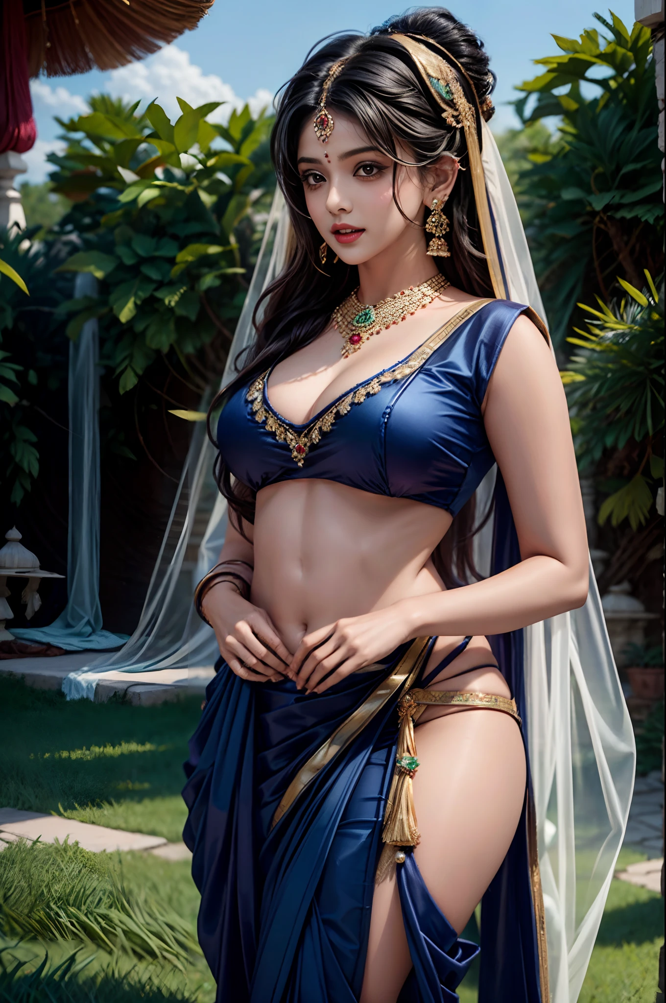 1girll,Indian girl,wearing sari, Wearing earrings,Bigboobs,Earrings are pierced in the nose,Black hair,Ultra photo realsisim, Ultra detail, A high resolution,