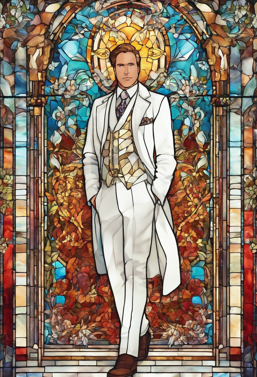 A man dressed in a white suit standing in front of a white chapel.