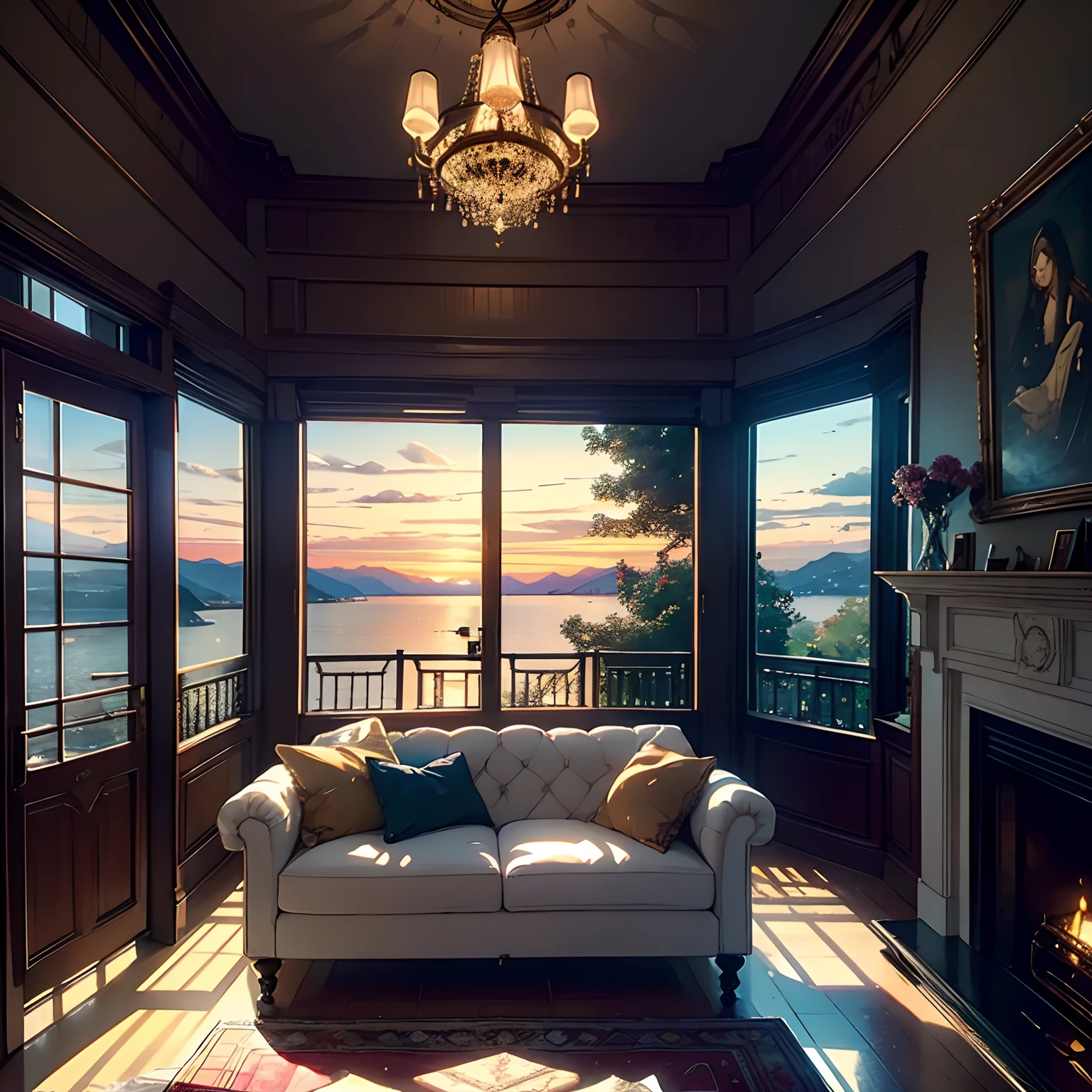 A masterpiece, an exquisite view from a large window, shelves with books, watercolor paintings, paintings on the walls, a fireplace, chic furniture, gold elements, figurines, pots with branches, bottles, glasses, cups, plates, crystal, a chest of drawers, a sideboard with a variety of books, dishes, a dreamcatcher, a neon garland, a multi-colored garland, highlights, an exquisite interior, a view from the window, a bridge, the sea, mountains, sunset, a city, neon light, night, a bed, a sofa,  pillows, sconces, flowers, daylight, bright room, illuminated room, lots of light