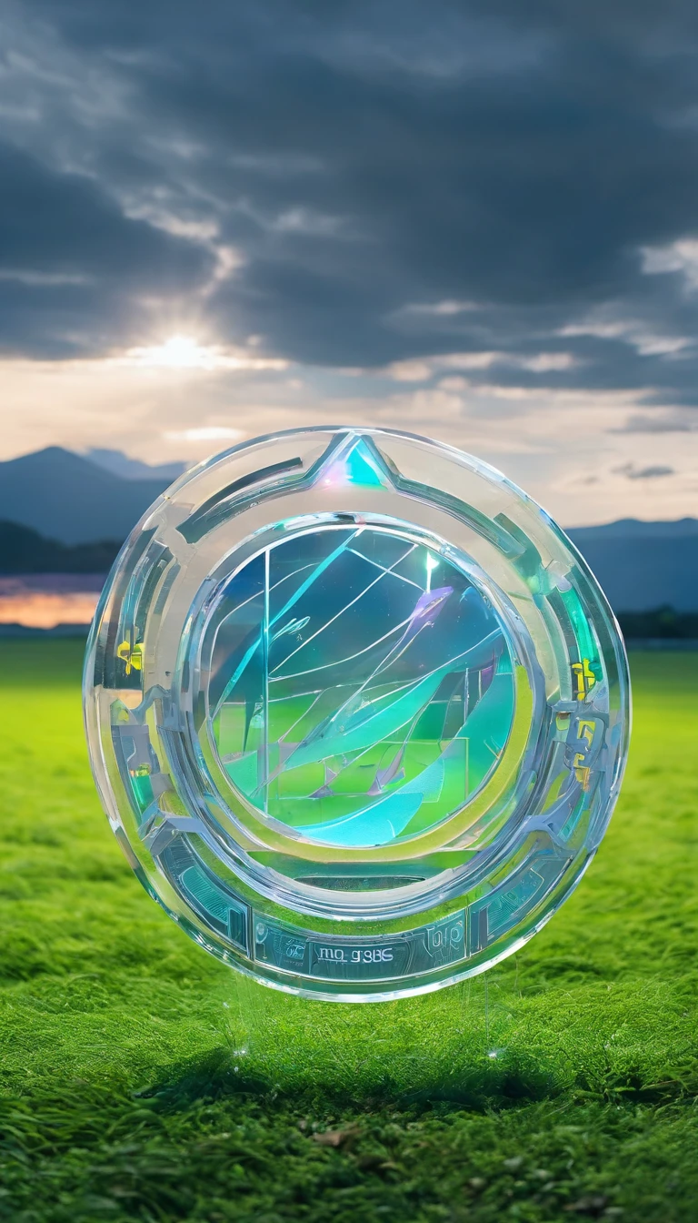 Glass round medal。 Acrylic material。Place vertically on the grass in the middle of the stadium on the runway。Athletics field。Sense of space