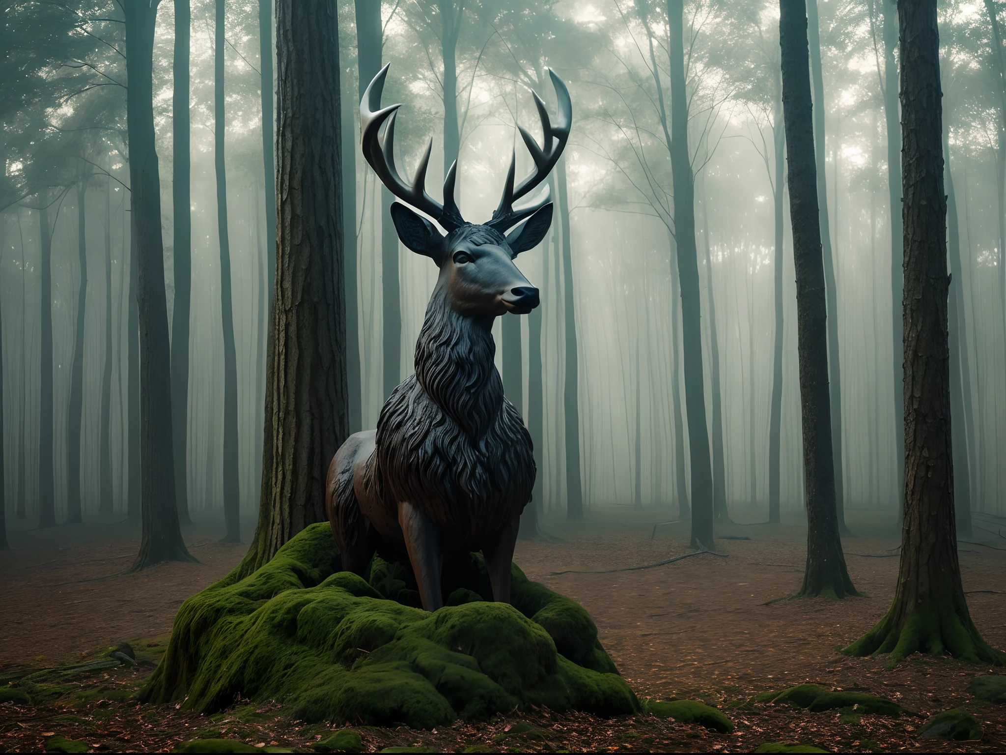 Forest angel statue landmark, unique futuristic landmark statue, dark forest, a deer, realistic image, fog, horor movie syle, golden hour, masterpiece composition, dynamic very wide portrait view, dramatac rays lighting, cinematic, UHD, highly detailed texture, 8k, sharp focus, dynamic landscape photography