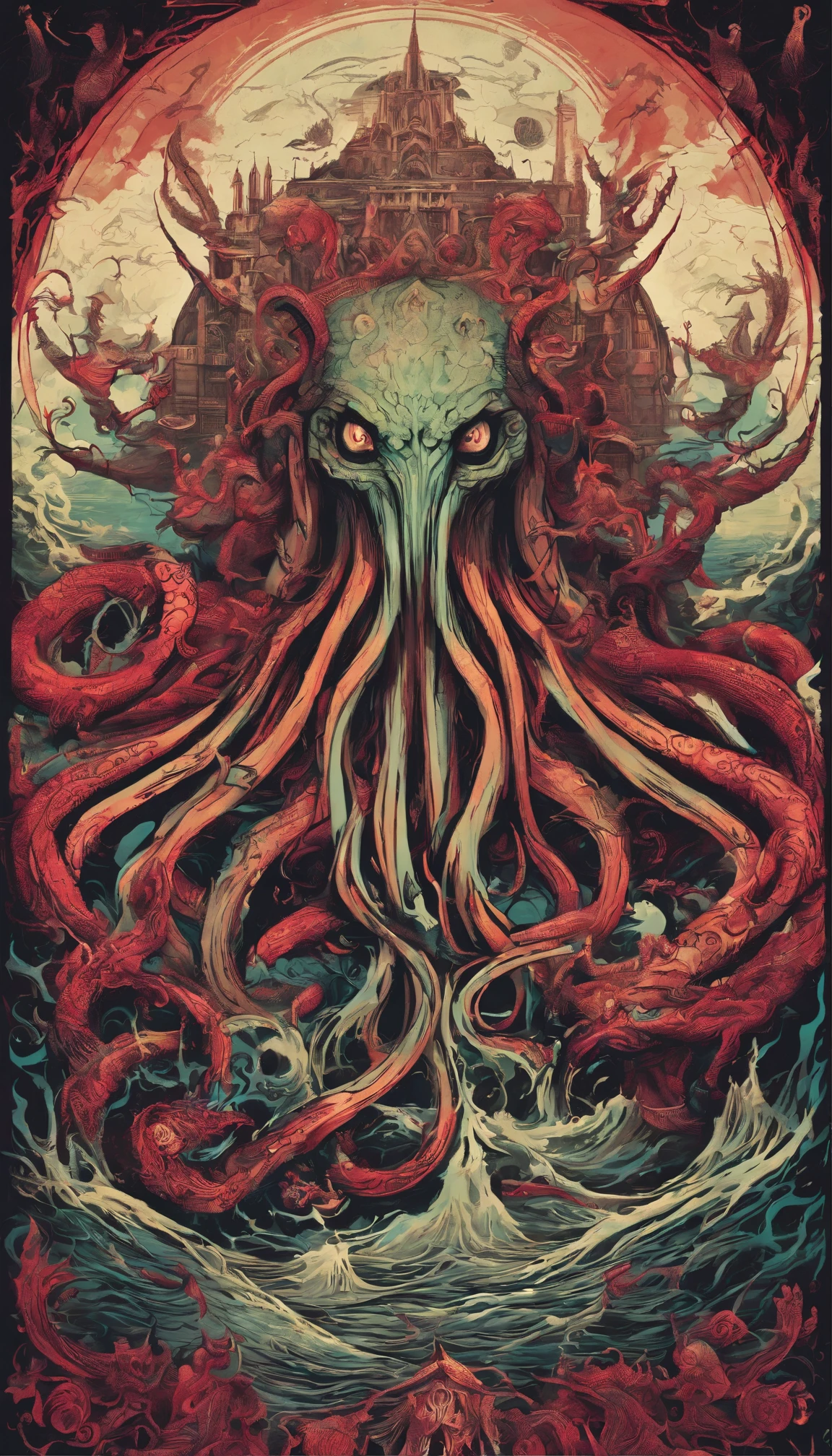 From the depths he emerges, devil,
The Cthulhu's Parade in crimson hues.
Whispers of the otherworldly echo,
A festival where madness and beauty fuse.
In the night sky adorned with abyssal splendor, warm colors
Feathers stained with blood dance and soar.
Entwined by threads of fate,
The deranged revel in ecstasy's roar.
Oh mighty Cthulhu, ruler of the depths,
In our pursuit of desires so forlorn,
We embark on a path of madness and despair,
Guided by the disciples of the one we adorn.
On the grand boulevard, grotesque forms stride,
Where terror and beauty intertwine.
In the realm betwixt dreams and nightmares,
We surrender ourselves to euphoria's shrine.
Praise his name, the great Cthulhu,
Monarch of the abyss, the wellspring of our insanity.
In this eternal procession's stage,
We celebrate the coming of the world's calamity.