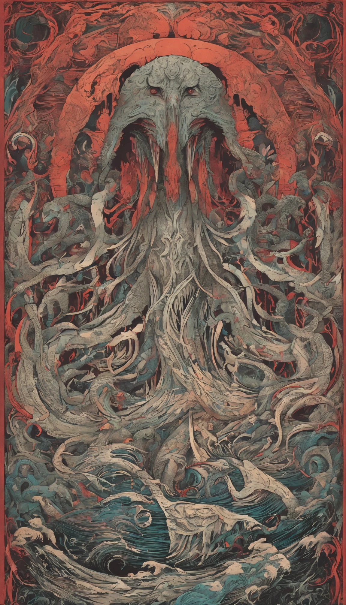 From the depths he emerges, devil,
The Cthulhu's Parade in crimson hues.
Whispers of the otherworldly echo,
A festival where madness and beauty fuse.
In the night sky adorned with abyssal splendor, warm colors
Feathers stained with blood dance and soar.
Entwined by threads of fate,
The deranged revel in ecstasy's roar.
Oh mighty Cthulhu, ruler of the depths,
In our pursuit of desires so forlorn,
We embark on a path of madness and despair,
Guided by the disciples of the one we adorn.
On the grand boulevard, grotesque forms stride,
Where terror and beauty intertwine.
In the realm betwixt dreams and nightmares,
We surrender ourselves to euphoria's shrine.
Praise his name, the great Cthulhu,
Monarch of the abyss, the wellspring of our insanity.
In this eternal procession's stage,
We celebrate the coming of the world's calamity.