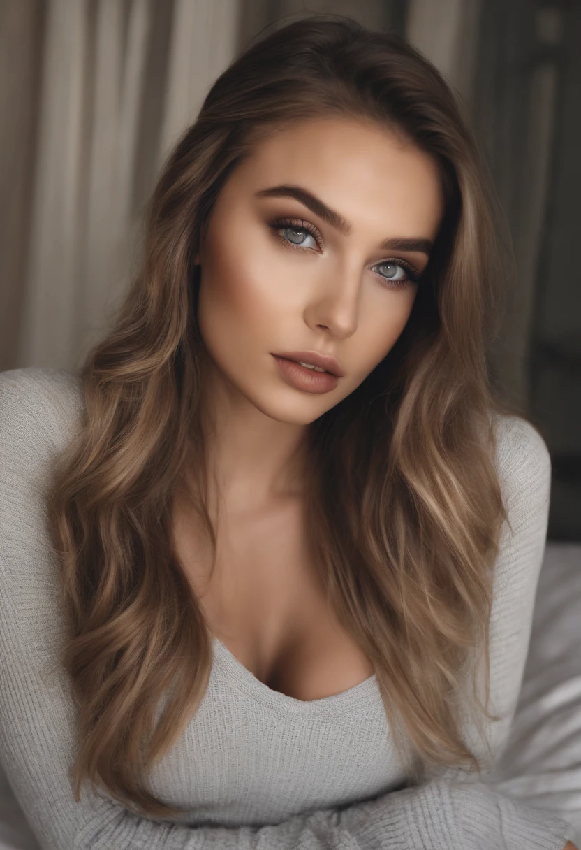 Arafed woman completely , fille sexy aux yeux bleus, ultra realist, Meticulously detailed, Portrait Sophie Mudd, cheveux blonds et grands yeux, selfie of a young woman, Yeux de chambre, Violet Myers, sans maquillage, maquillage naturel, looking straight at camera, Visage avec Artgram, Maquillage subtil, Great photo of the whole body kneeling on the bed, dans la chambre, Medium to large bust