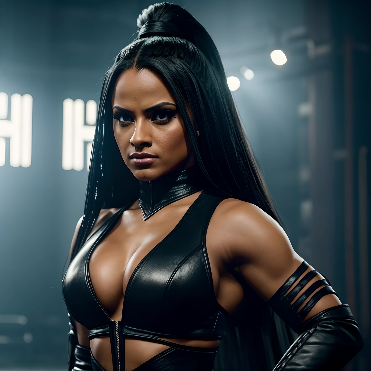 Female superstar Zelina Vega WWE is ready to fight the Mortal Kombat Outworld Hyperrealistic background scene.......................................
