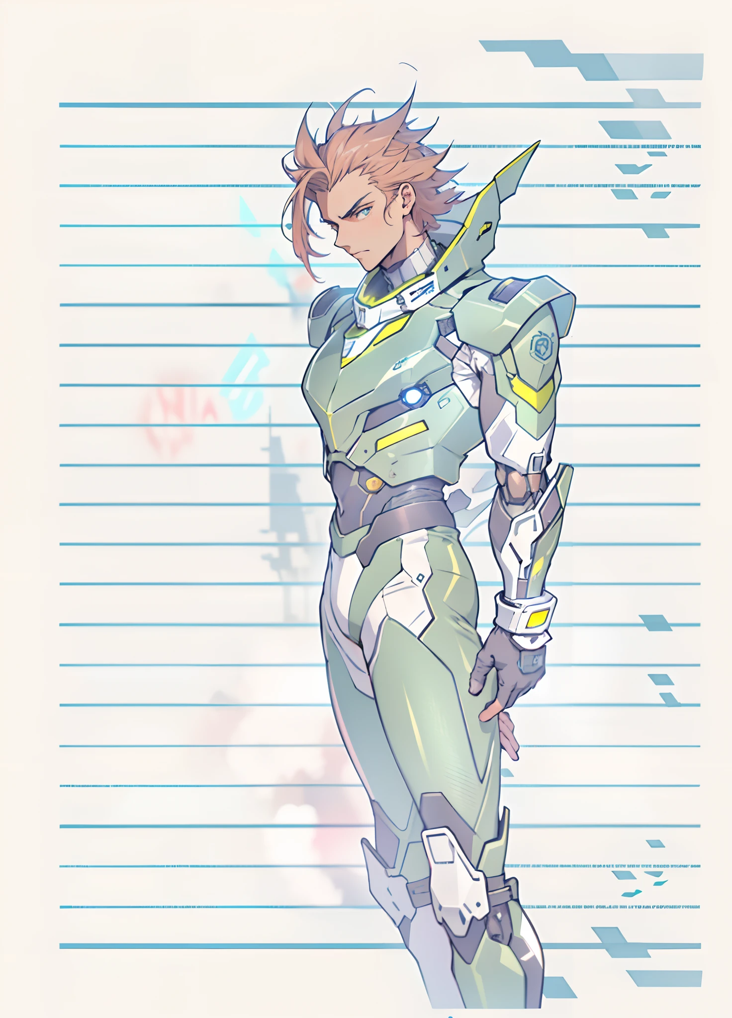 A man with short red-gold hair, hair slicked back, thick and disheveled hair, a cold and ruthless gaze, a confident expression, wears a two-piece futuristic military-style uniform, primarily in shades of white and red, accented by touches of yellow, streamlined wristguard gloves, matching trousers, he is in a futuristic sci-fi hangar with a huge mech, stands within a futuristic sci-fi hangar, where a colossal mech is stationed, this character embodies a finely crafted futuristic military officer in anime style, characterized by an exquisite and mature manga illustration art style, high definition, best quality, highres, ultra-detailed, ultra-fine painting, extremely delicate, professional, anatomically correct, symmetrical face, extremely detailed eyes and face, high quality eyes, creativity, RAW photo, UHD, 8k, Natural light, cinematic lighting, masterpiece:1.5