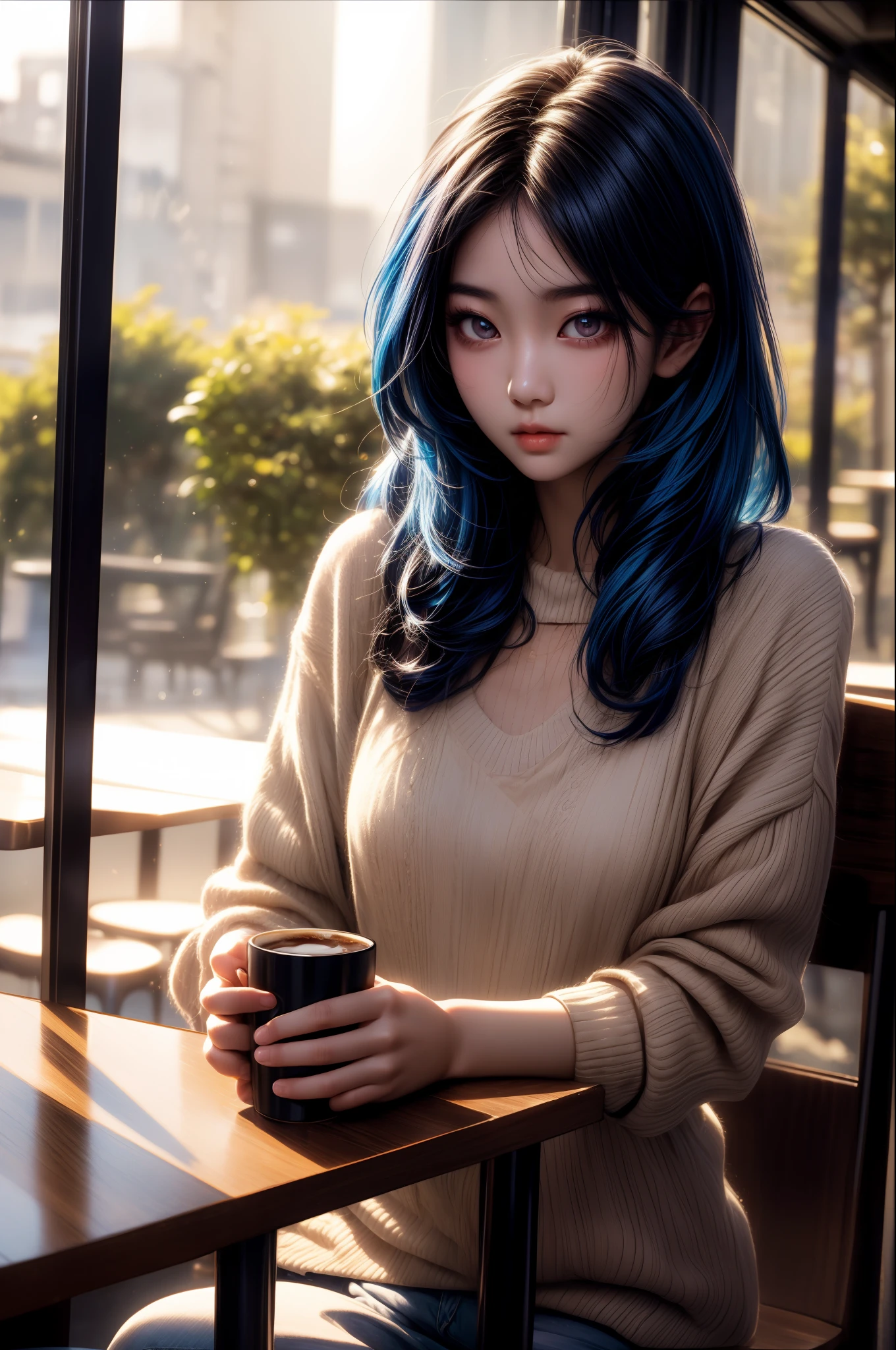 photo of leegahyeon korean woman in cafe sitting at table holding coffee window sunlight, blue hair, dynamic pose, skin texture, pale skin, shiny skin, (slim, petite:1.2), [:(sharp focus on face, detailed face, perfect eyes, looking at viewer:1.2):0.2], photorealistic, film grain, best quality, masterpiece