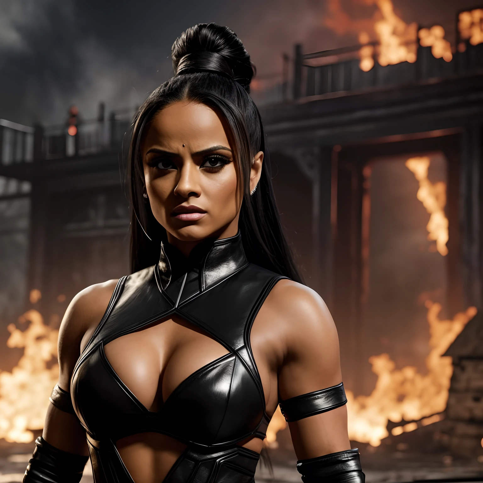 Female superstar Zelina Vega WWE is ready to fight the Mortal Kombat Outworld Hyperrealistic background scene......................................