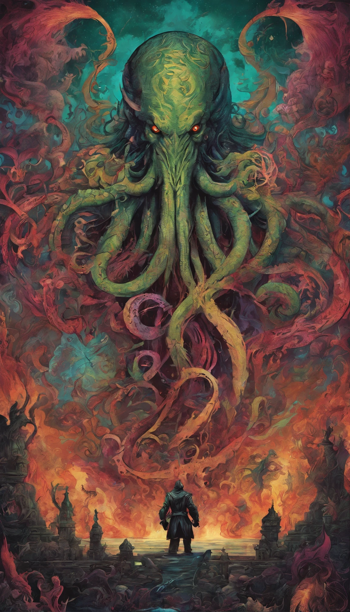 From the depths he emerges, devil, 
The Cthulhu's Parade in crimson hues.
Whispers of the otherworldly echo,
A festival where madness and beauty fuse.

In the night sky adorned with abyssal splendor, warm colors 
Feathers stained with blood dance and soar.
Entwined by threads of fate,
The deranged revel in ecstasy's roar.

Oh mighty Cthulhu, ruler of the depths,
In our pursuit of desires so forlorn,
We embark on a path of madness and despair,
Guided by the disciples of the one we adorn.

On the grand boulevard, grotesque forms stride,
Where terror and beauty intertwine.
In the realm betwixt dreams and nightmares,
We surrender ourselves to euphoria's shrine.

Praise his name, the great Cthulhu,
Monarch of the abyss, the wellspring of our insanity.
In this eternal procession's stage,
We celebrate the coming of the world's calamity.