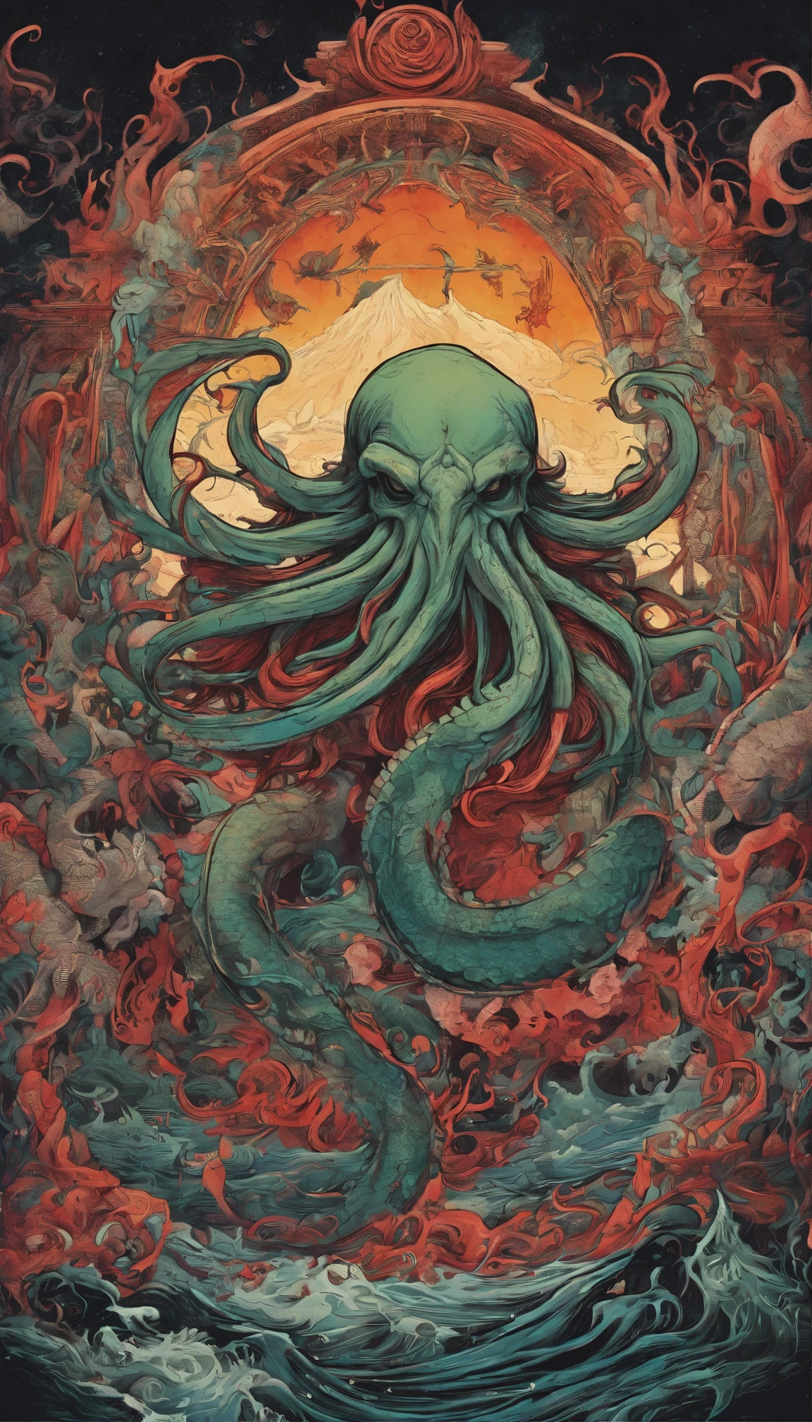 From the depths he emerges, devil,
The Cthulhu's Parade in crimson hues.
Whispers of the otherworldly echo,
A festival where madness and beauty fuse.
In the night sky adorned with abyssal splendor, warm colors
Feathers stained with blood dance and soar.
Entwined by threads of fate,
The deranged revel in ecstasy's roar.
Oh mighty Cthulhu, ruler of the depths,
In our pursuit of desires so forlorn,
We embark on a path of madness and despair,
Guided by the disciples of the one we adorn.
On the grand boulevard, grotesque forms stride,
Where terror and beauty intertwine.
In the realm betwixt dreams and nightmares,
We surrender ourselves to euphoria's shrine.
Praise his name, the great Cthulhu,
Monarch of the abyss, the wellspring of our insanity.
In this eternal procession's stage,
We celebrate the coming of the world's calamity.