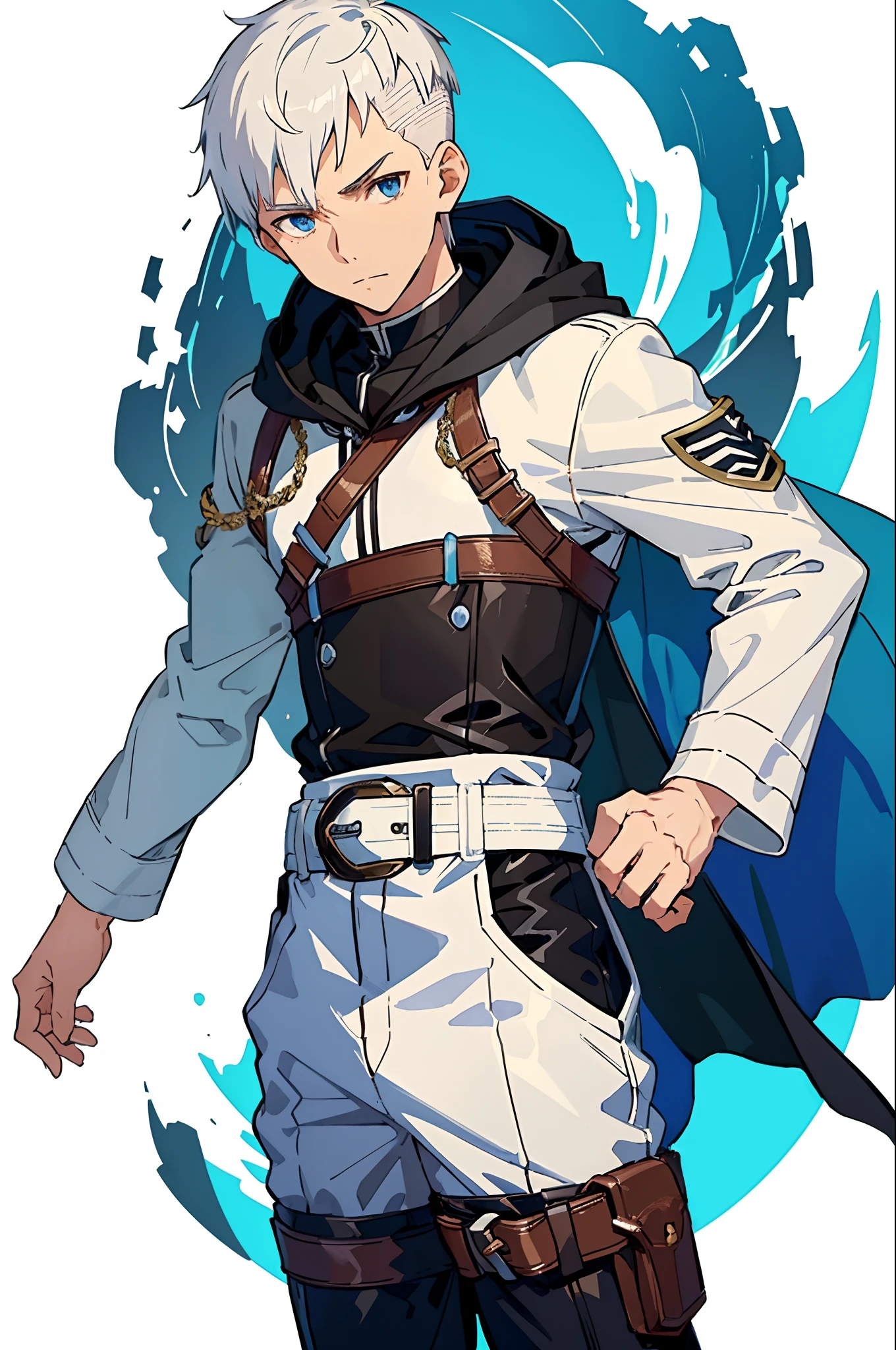 (masterpiece, best quality) detailed, 1man, clothing is a mix of sword art online clothing and a adidas jumpsuit , ((white background)) , Handsome man , White hair , very Short hair, ((crew cut hair style:1 )) , Blue eyes , light skin , ((muscular:1)),masculine ,age 28, has a hood, black and brown belts , brown leather shawl