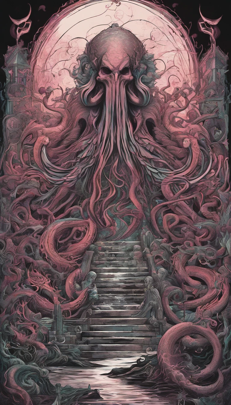 From the depths he emerges, devil,
The Cthulhu's Parade in crimson hues.
Whispers of the otherworldly echo,
A festival where madness and beauty fuse.
In the night sky adorned with abyssal splendor, warm colors
Feathers stained with blood dance and soar.
Entwined by threads of fate,
The deranged revel in ecstasy's roar.
Oh mighty Cthulhu, ruler of the depths,
In our pursuit of desires so forlorn,
We embark on a path of madness and despair,
Guided by the disciples of the one we adorn.
On the grand boulevard, grotesque forms stride,
Where terror and beauty intertwine.
In the realm betwixt dreams and nightmares,
We surrender ourselves to euphoria's shrine.
Praise his name, the great Cthulhu,
Monarch of the abyss, the wellspring of our insanity.
In this eternal procession's stage,
We celebrate the coming of the world's calamity.