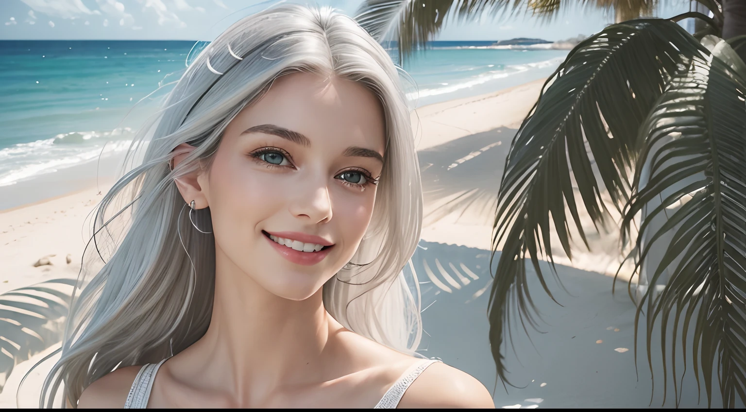 (Masterpiece, Best Quality, Photorealistic, high resolucion, photography, :1.3), (Woman in her 40s, )Close-up shots of faces, Close-up shots of faces, Close-up shots of faces,  Sharp focus, (1 Girl, A European girl, Popular models), Realistic skin, Slender body type, Big breasts, (Her long, Pure white silver hair swept to the side, extremely detailed hair), Delicate sexy face, Organoleptic gases, Sparkling lips,(green pupil),(green pupil),(green pupil), ((realisitic, A hyper-realistic, realism, realistic detailed)), (Medium Tits:1.5), (White tank top T-shirt and ripped jean shorts), (A slender waist), (slim thigh), (Small hips), (Sorrisos),  (seaside, waves, palm tree) (seaside, waves, palm tree), (Long straight hair), A woman is standing, (Sorrisos), (Sorrisos)