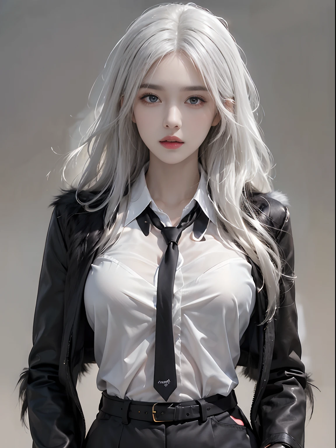 Photorealistic, high resolution, 1 Women, Solo, Hips up, Beautiful eyes, Close lips, Detailed face, White hair, Long hair, Collared shirt, black necktie,Black skirt, pencil skirts, Fur coat, blackstockings