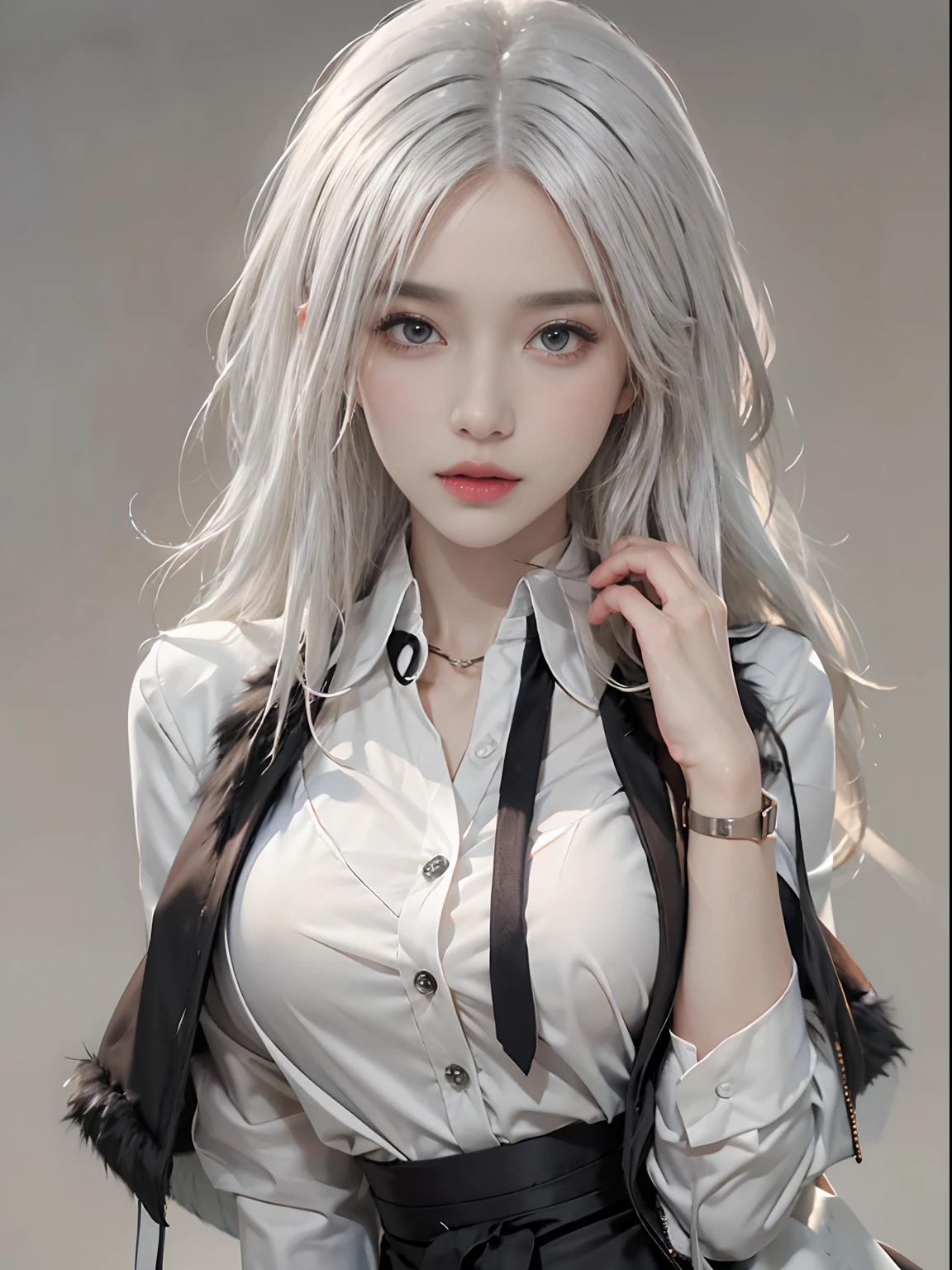 photorealistic, high resolution, 1 women, solo, hips up, beautiful eyes, detailed face, white hair, long hair, collared shirt, black necktie,black skirt, pencil skirt, fur coat, black stockings