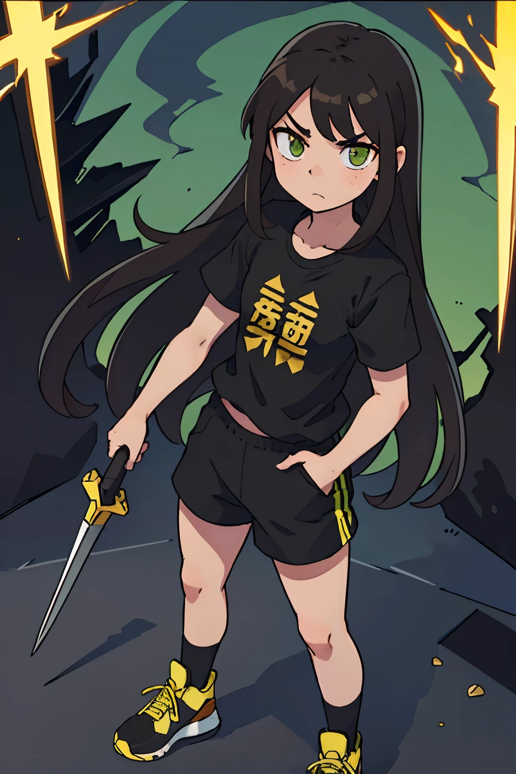 (beste-Qualit:0.8), (beste-Qualit:0.8), Girl with long brown hair, two yellow strands of hair, Green Eyes Black Big T-shirt With Anime Pattern Sneakers Black, Sergi crosses shorts black, stands near the monastery with a serious face.