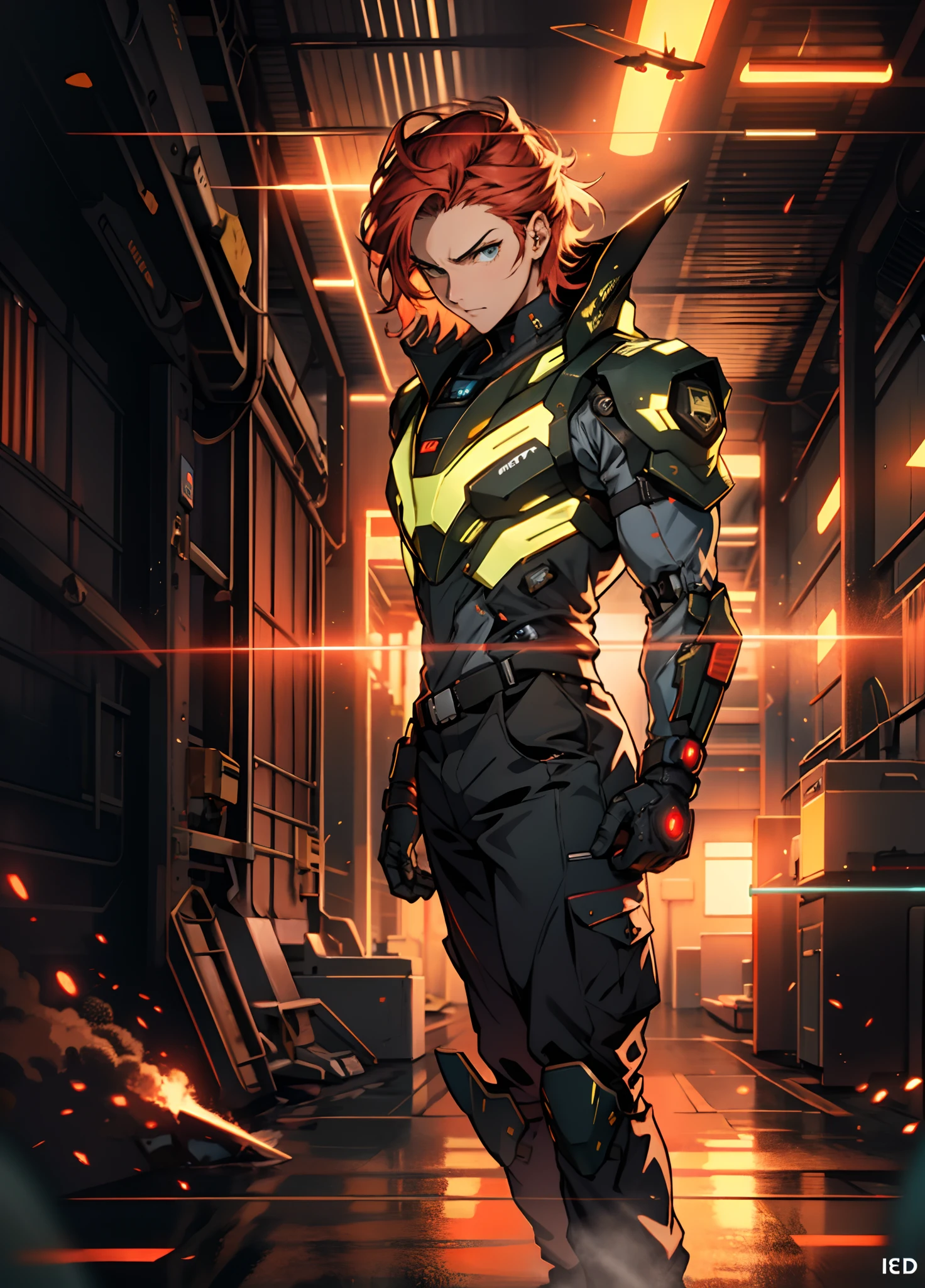 A man with short red-gold hair, hair slicked back, thick and disheveled hair, a cold and ruthless gaze, a confident expression, wears a two-piece futuristic military-style uniform, primarily in shades of white and red, accented by touches of yellow, streamlined wristguard gloves, matching trousers, he is in a futuristic sci-fi hangar with a huge mech, stands within a futuristic sci-fi hangar, where a colossal mech is stationed, this character embodies a finely crafted futuristic military officer in anime style, characterized by an exquisite and mature manga illustration art style, high definition, best quality, highres, ultra-detailed, ultra-fine painting, extremely delicate, professional, anatomically correct, symmetrical face, extremely detailed eyes and face, high quality eyes, creativity, RAW photo, UHD, 8k, Natural light, cinematic lighting, masterpiece:1.5
