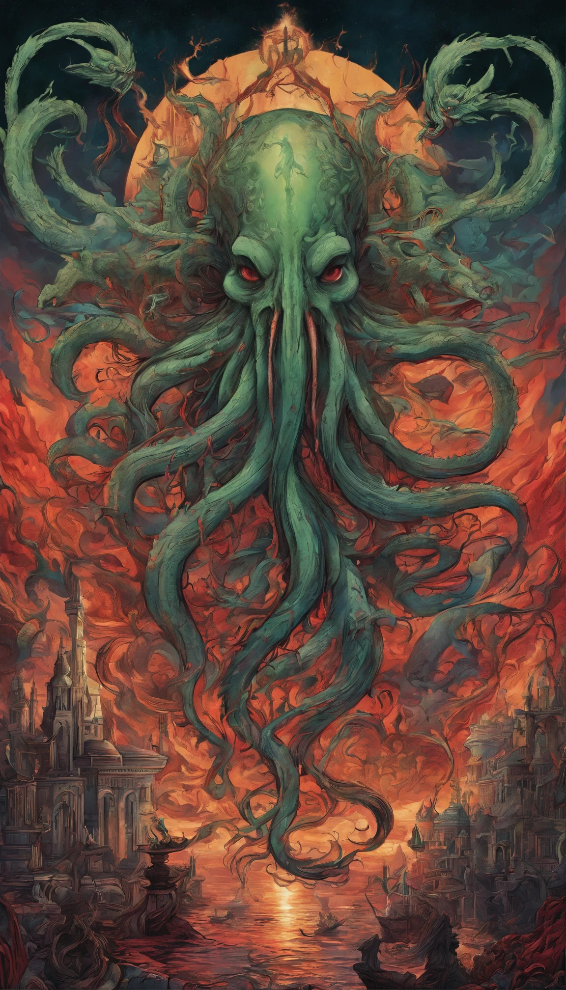 From the depths he emerges, devil, 
The Cthulhu's Parade in crimson hues.
Whispers of the otherworldly echo,
A festival where madness and beauty fuse.

In the night sky adorned with abyssal splendor, warm colors 
Feathers stained with blood dance and soar.
Entwined by threads of fate,
The deranged revel in ecstasy's roar.

Oh mighty Cthulhu, ruler of the depths,
In our pursuit of desires so forlorn,
We embark on a path of madness and despair,
Guided by the disciples of the one we adorn.

On the grand boulevard, grotesque forms stride,
Where terror and beauty intertwine.
In the realm betwixt dreams and nightmares,
We surrender ourselves to euphoria's shrine.

Praise his name, the great Cthulhu,
Monarch of the abyss, the wellspring of our insanity.
In this eternal procession's stage,
We celebrate the coming of the world's calamity.
