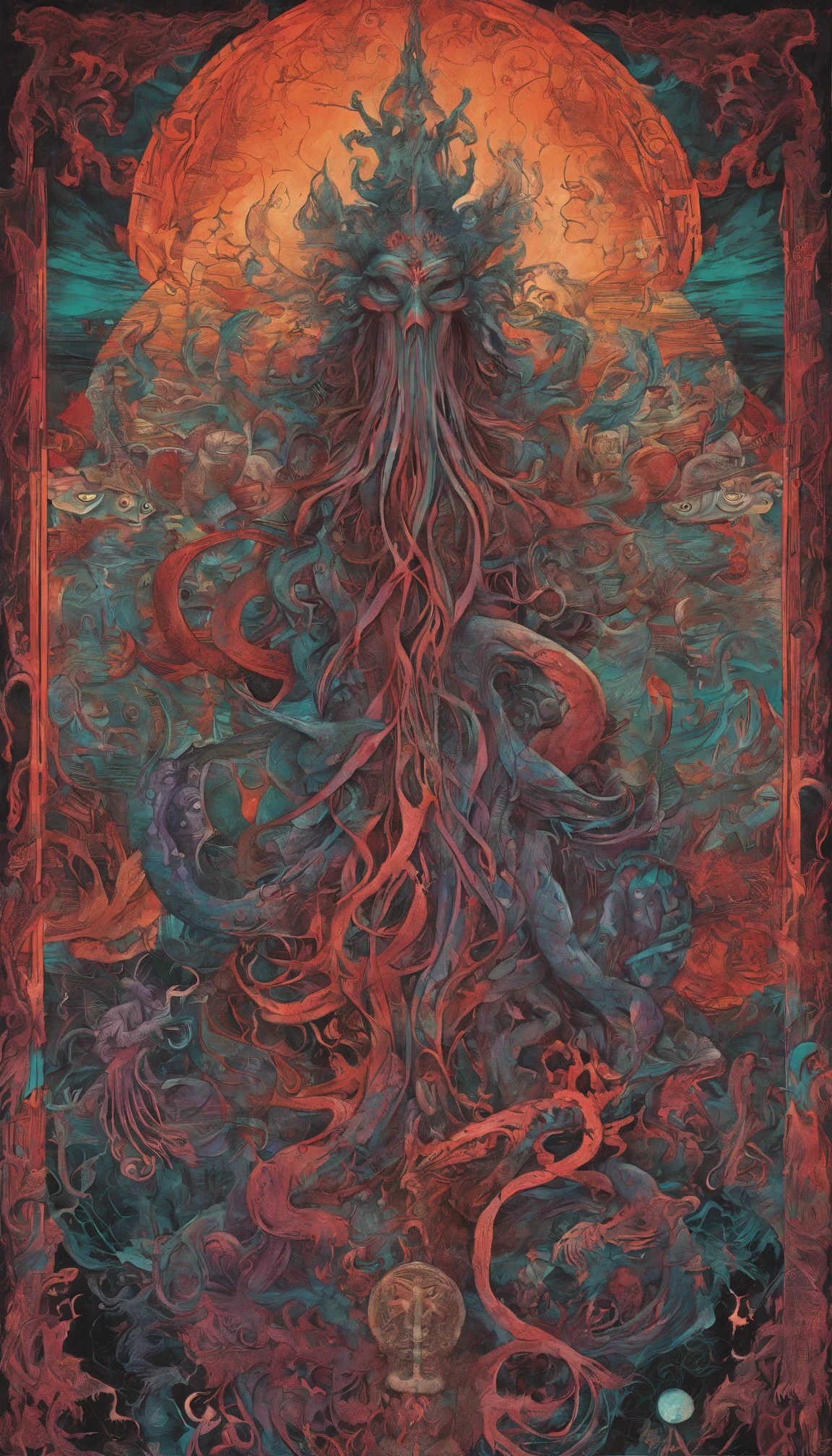 From the depths he emerges, devil,
The Cthulhu's Parade in crimson hues.
Whispers of the otherworldly echo,
A festival where madness and beauty fuse.
In the night sky adorned with abyssal splendor, warm colors
Feathers stained with blood dance and soar.
Entwined by threads of fate,
The deranged revel in ecstasy's roar.
Oh mighty Cthulhu, ruler of the depths,
In our pursuit of desires so forlorn,
We embark on a path of madness and despair,
Guided by the disciples of the one we adorn.
On the grand boulevard, grotesque forms stride,
Where terror and beauty intertwine.
In the realm betwixt dreams and nightmares,
We surrender ourselves to euphoria's shrine.
Praise his name, the great Cthulhu,
Monarch of the abyss, the wellspring of our insanity.
In this eternal procession's stage,
We celebrate the coming of the world's calamity.