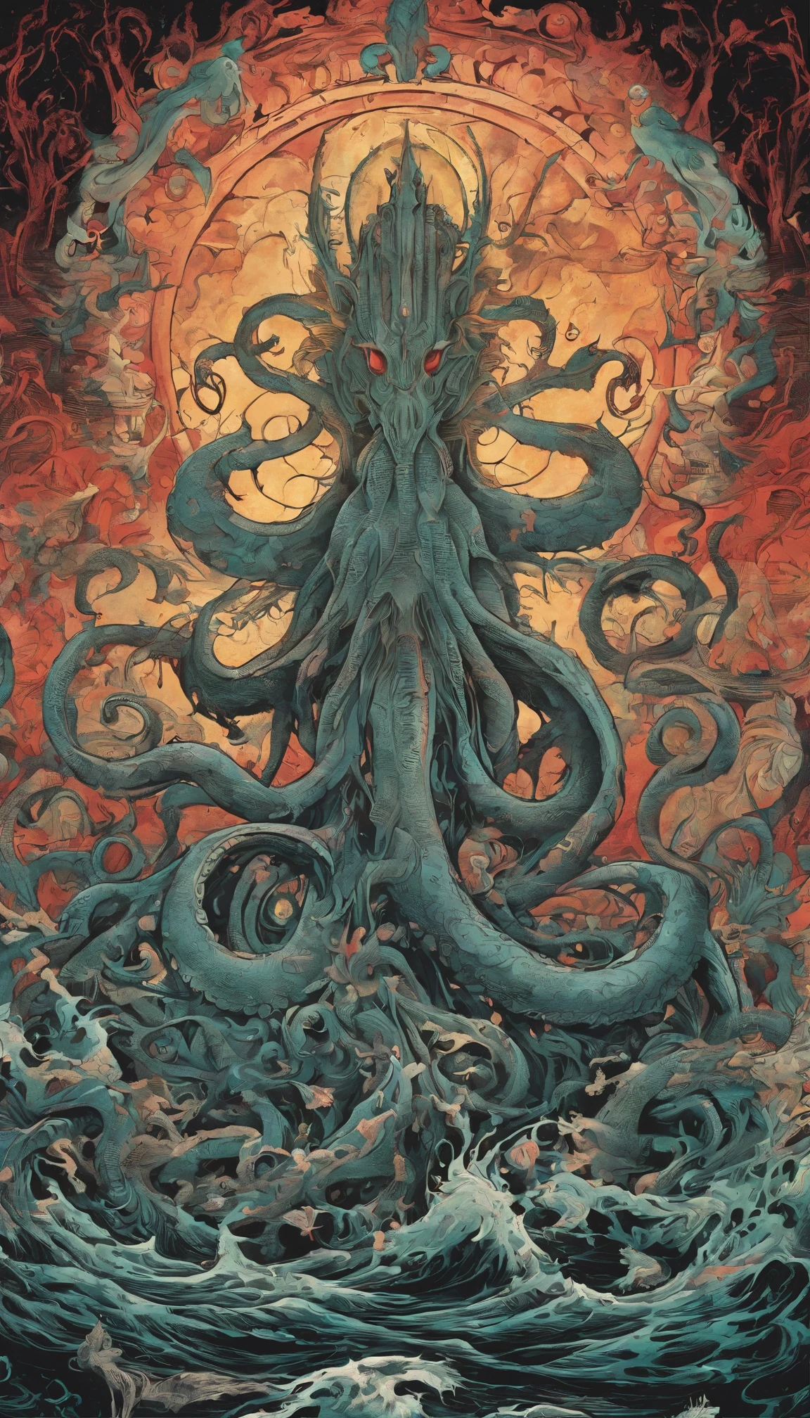 From the depths he emerges, devil,
The Cthulhu's Parade in crimson hues.
Whispers of the otherworldly echo,
A festival where madness and beauty fuse.
In the night sky adorned with abyssal splendor, warm colors
Feathers stained with blood dance and soar.
Entwined by threads of fate,
The deranged revel in ecstasy's roar.
Oh mighty Cthulhu, ruler of the depths,
In our pursuit of desires so forlorn,
We embark on a path of madness and despair,
Guided by the disciples of the one we adorn.
On the grand boulevard, grotesque forms stride,
Where terror and beauty intertwine.
In the realm betwixt dreams and nightmares,
We surrender ourselves to euphoria's shrine.
Praise his name, the great Cthulhu,
Monarch of the abyss, the wellspring of our insanity.
In this eternal procession's stage,
We celebrate the coming of the world's calamity.