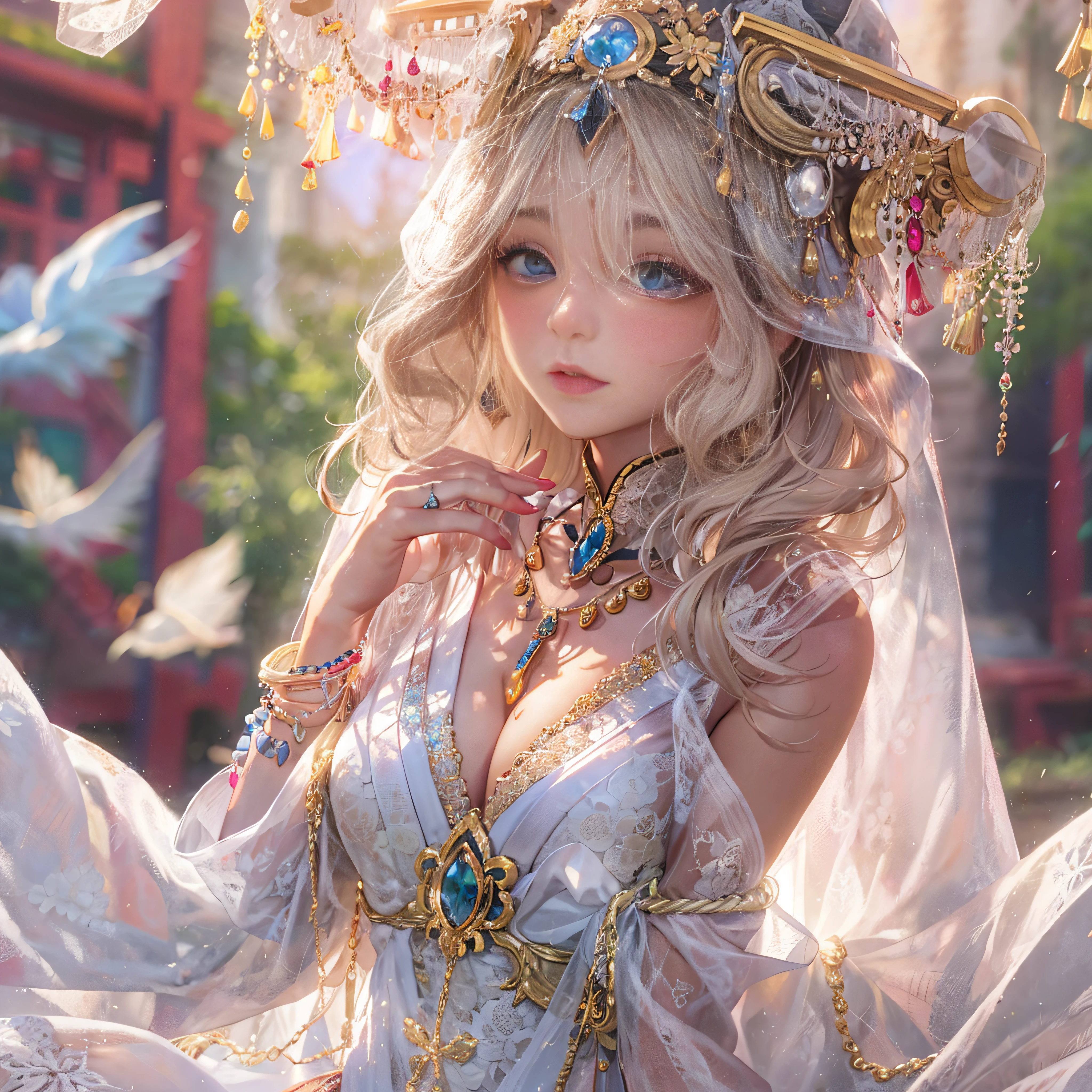 Quality - an unparalleled masterpiece, Ultra-realistic 16K CG, Perfect Artwork, (Detailed accessories),
Character - fashion super beautiful Latin American girl, (Perfect female figure), maturefemale, Narrow waist, clean, Beautiful face that changes easily, Pure face, pale skin, ridiculously long golden hair, (Big F Cup, breasts in, puffynipple, Small, medium areolae), divine goddess, Shiny skin, dent in the skin, (Rich:1.2), Colorful eyes,
Background- (The sky is like a dream, Colorful cloudscape in the evening):1.5, The beautiful scenery of the space ocean is Xu々Got into our retina, Luxurious rooftop balcony of the old and complex summer royal palace,Lift your slender legs perfectly above your head in gorgeous baroque style, These beautiful maidens were surrounded by the back,
Cloth - (China Embroidered Hollow Cloak, Translucent lace, Lace trim, Lace-trimmed legwear, delicate patterns, Complex precision structures, Prestige, Gorgeous, (Jewelry chain on rope with Japan bondage with diamond pattern and bracelet necklace):1.5,
Emotions - Sexy, sullenness, Shy, blush, ear blush, lickling lips,
Light and Shadow - Adjust light and shadow according to the shape and position of your character and object, reflective light, Ray tracing, SPEEDLINE,
Pose ratio - absolutely accurate human anatomy, Ideal for human proportions and sizes,
Viewport - ViewViewer, The eye reveals challenges and temptations,A bell hangs on his chest,Japanese dress、Colossal tits