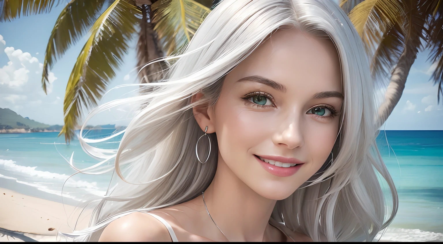 (Masterpiece, Best Quality, Photorealistic, high resolucion, photography, :1.3), (Woman in her 40s, )Close-up shots of faces, Close-up shots of faces, Close-up shots of faces,  Sharp focus, (1 Girl, A European girl, Popular models), Realistic skin, Slender body type, Big breasts, (Her long, Pure white silver hair swept to the side, extremely detailed hair), Delicate sexy face, Organoleptic gases, Sparkling lips,(green pupil),(green pupil),(green pupil), ((realisitic, A hyper-realistic, realism, realistic detailed)), (Medium Tits:1.5), (White tank top T-shirt and ripped jean shorts), (A slender waist), (slim thigh), (Small hips), (Sorrisos),  (seaside, waves, palm tree) (seaside, waves, palm tree), (Long straight hair), A woman is standing, (Sorrisos), (Sorrisos)