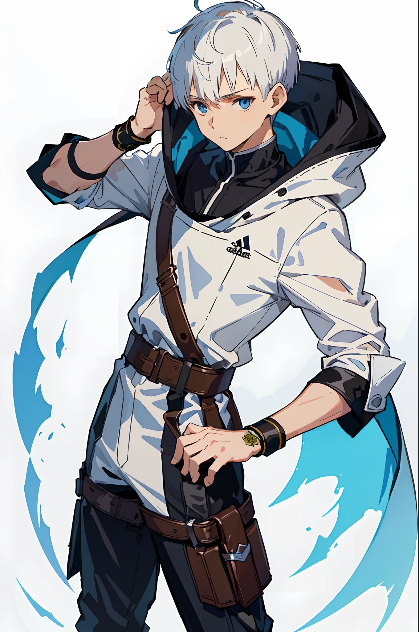 (masterpiece, best quality) detailed, 1man, clothing is a mix of sword art online clothing and a adidas jumpsuit , ((white background)) , Handsome man , White hair , very Short hair, ((crew cut hair style:1 )) , Blue eyes , light skin , ((muscular:1)),masculine ,age 28, has a hood, black and brown belts , brown leather shawl