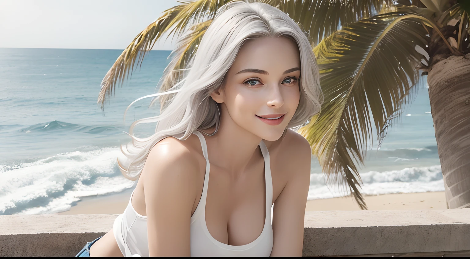 (Masterpiece, Best Quality, Photorealistic, high resolucion, photography, :1.3), (Woman in her 40s, )Close-up shots of faces, Close-up shots of faces, Close-up shots of faces, Sharp focus, (1 Girl, A European girl, Popular models), Realistic skin, Slender body type, Big breasts, (Her long, Pure white silver hair swept to the side, extremely detailed hair), Delicate sexy face, Organoleptic gases, Sparkling lips,(green pupil),(green pupil),(green pupil), ((realisitic, A hyper-realistic, realism, realistic detailed)), (Medium Tits:1.5), (White tank top T-shirt and ripped jean shorts), (A slender waist), (slim thigh), (Small hips), (Sorrisos), (seaside, waves, palm tree) (seaside, waves, palm tree), (Long straight hair), A woman is standing, (Sorrisos), (Sorrisos)
