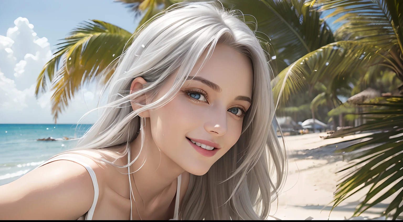(Masterpiece, Best Quality, Photorealistic, high resolucion, photography, :1.3), (Woman in her 40s, )Close-up shots of faces, Close-up shots of faces, Close-up shots of faces, Sharp focus, (1 Girl, A European girl, Popular models), Realistic skin, Slender body type, Big breasts, (Her long, Pure white silver hair swept to the side, extremely detailed hair), Delicate sexy face, Organoleptic gases, Sparkling lips,(green pupil),(green pupil),(green pupil), ((realisitic, A hyper-realistic, realism, realistic detailed)), (Medium Tits:1.5), (White tank top T-shirt and ripped jean shorts), (A slender waist), (slim thigh), (Small hips), (Sorrisos), (seaside, waves, palm tree) (seaside, waves, palm tree), (Long straight hair), A woman is standing, (Sorrisos), (Sorrisos)