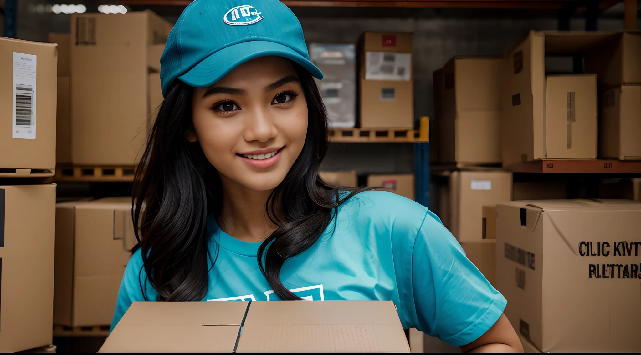 RAW Photo, DSLR BREAK (kkw-ph1:0.9) BREAK portrait of 1 young 20yo woman, holding a big box, holding a large box, black hair, wavy hair, wearing plain lightblue t shirt, plain lightblue trucker cap, perfect eyes, perfect lips, perfect nose, professional color graded, wonderful woman, ecommerce background, warehouse background, cute woman, medium tits , smiling, filipina, pinay, filipino woman, showing butt, rule of thirds shot