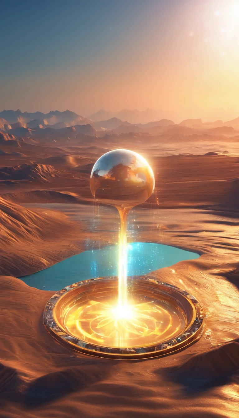 Luminescent energy energy circle。 Metallic。Placed vertically between the open mountains and the sea 。Space sense, outer space science fiction