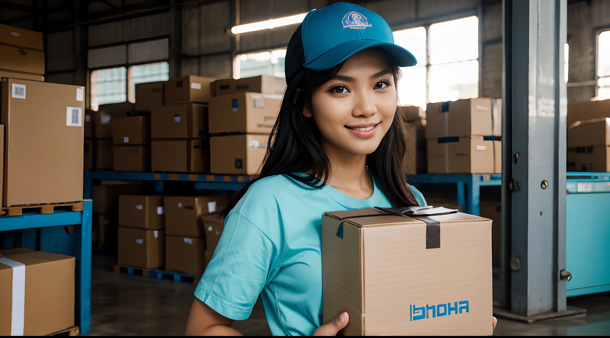RAW Photo, DSLR BREAK (kkw-ph1:0.9) BREAK portrait of ung 20yo woman, holding a big box, holding a large box, black hair, wavy hair, wearing plain lightblue t shirt, plain lightblue trucker cap, perfect eyes, perfect lips, perfect nose, professional color graded, wonderful woman, ecommerce background, warehouse background, cute woman, medium tits , smiling, filipina, pinay, filipino woman, showing butt, rule of thirds shot