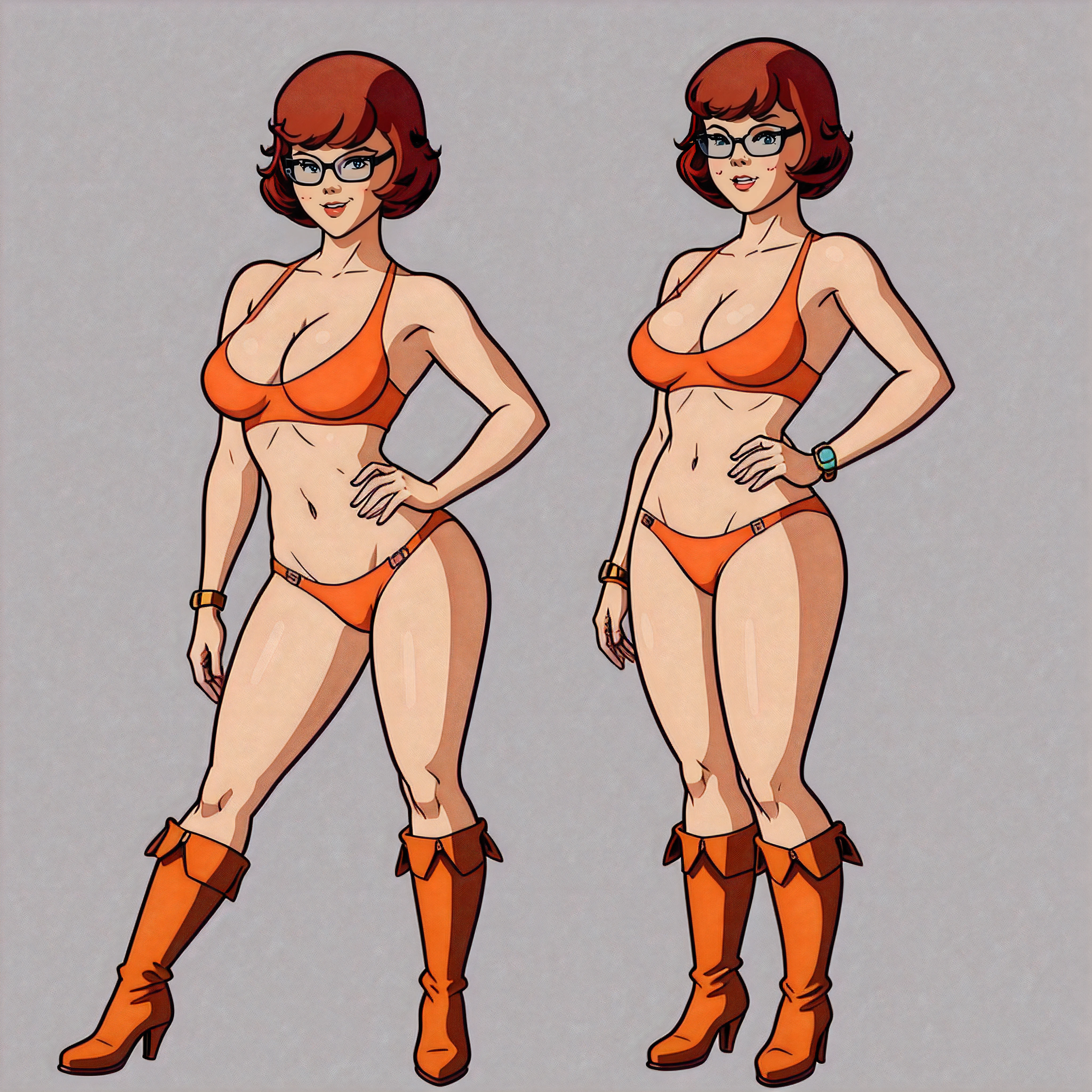 STICKER, A detailed illustration of a vivid Sexy Velma Dinkley from Scooby Doo fully naked, bare breasts, face view, ass view, side by side, model pose, perfect hands, exposed breasts, Beautiful Eyes and Face Details, orange thong, Solo Female, medium breasts, full cleavage, Full Body View, orange high heeled boots, soft nipples, hands behind her back, full body portrait, vintage t-shirt design, in the style of hand drawing, 3D vector art, fantasy art, watercolour effect, Adobe Illustrator, hand-drawn, digital painting, low-poly, soft lighting, isometric style, retro aesthetic, focused on the character, 8K, Best Quality, Masterpiece,