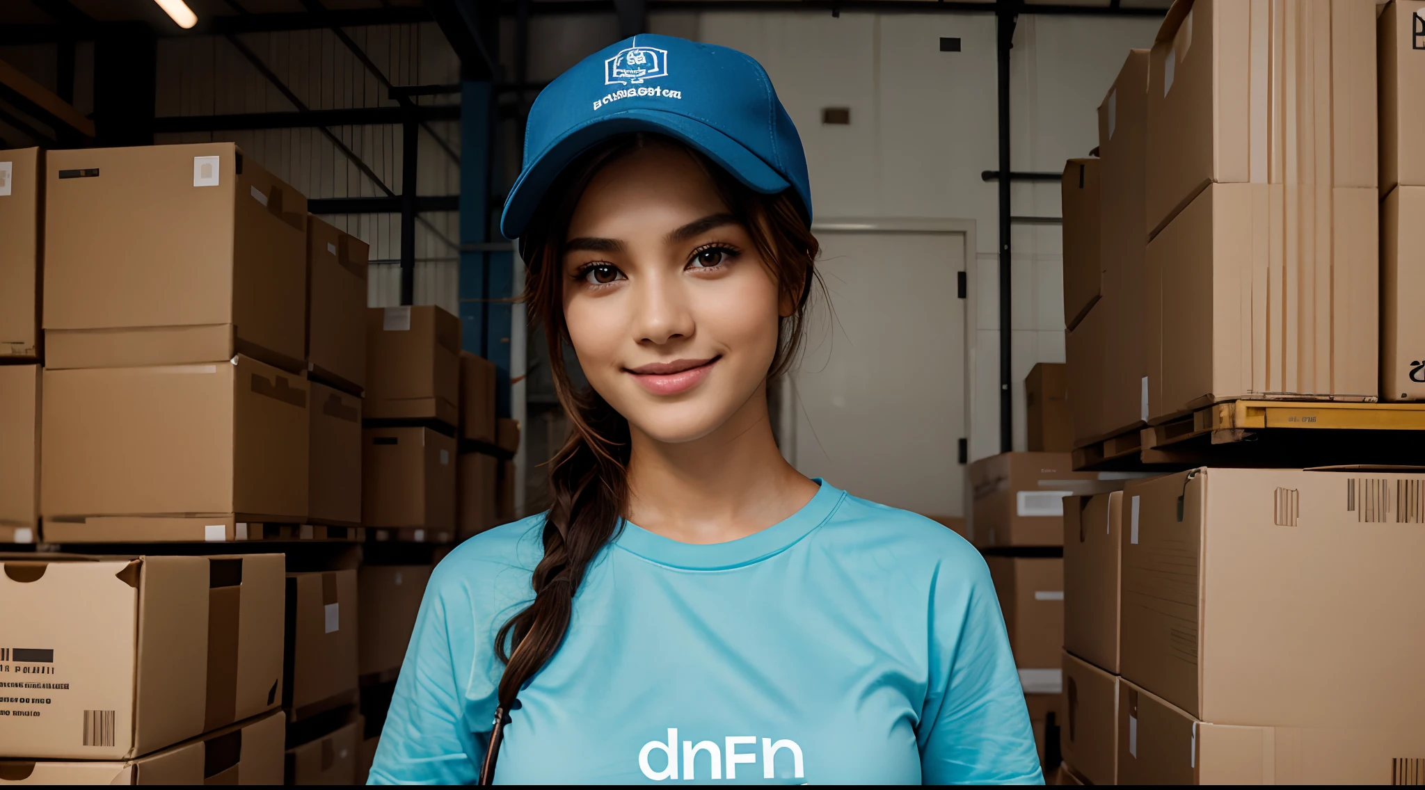 RAW Photo, DSLR BREAK (kkw-ph1:0.9) BREAK portrait of ung 25 year old woman, holding a big box, holding a large box, brown hair, wearing plain lightblue t shirt, plain lightblue trucker cap, perfect eyes, perfect lips, perfect nose, professional color graded, wonderful woman, ecommerce background, warehouse background, cute woman, medium tits , smiling, filipina, pinay, filipino woman, showing butt, rule of thirds shot