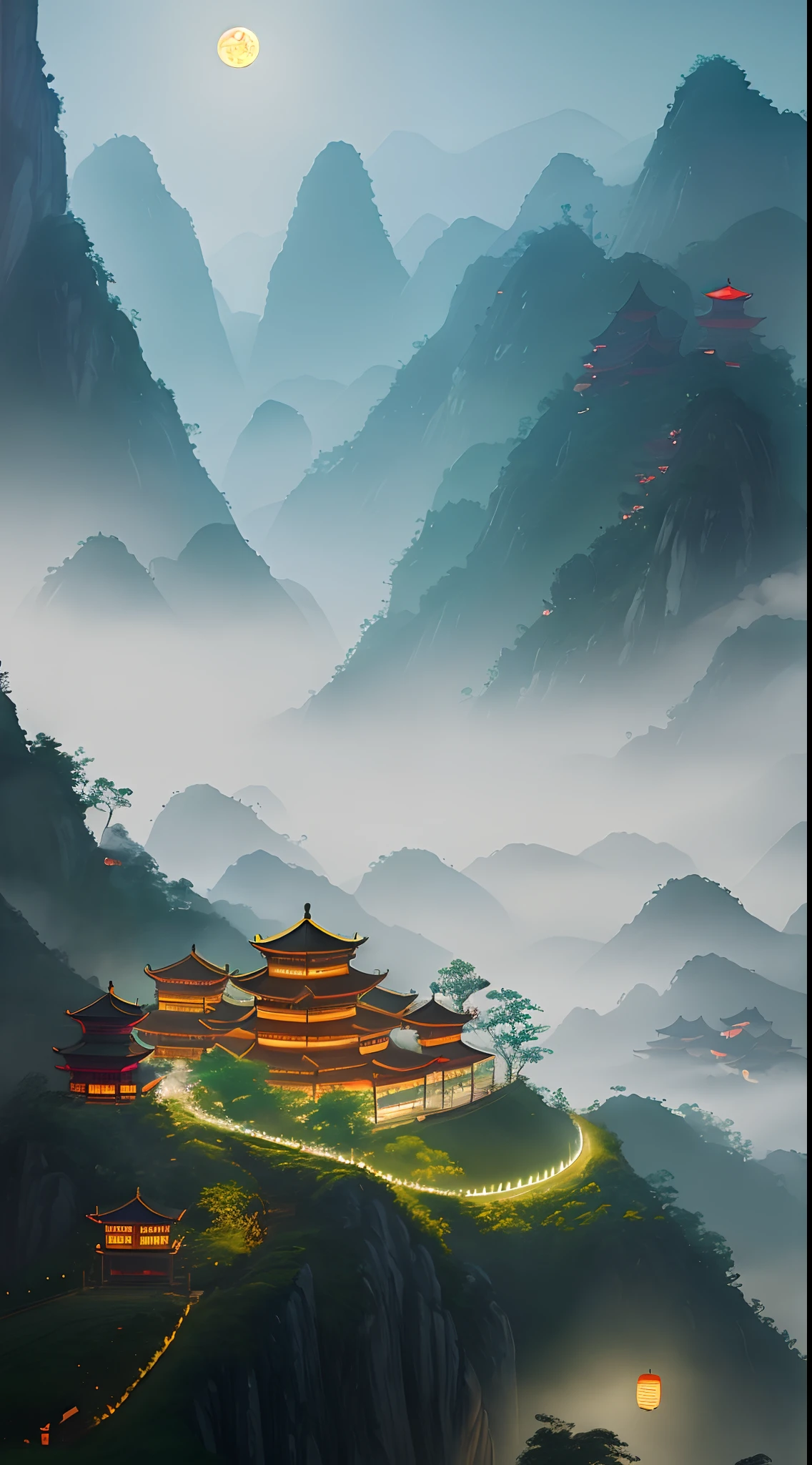 Kongming Lantern，Reunion，Mid-Autumn Festival，Festive atmosphere，Chinese landscape painting，themoon，tall house，Hazy beauty，Full of art，Realistic details