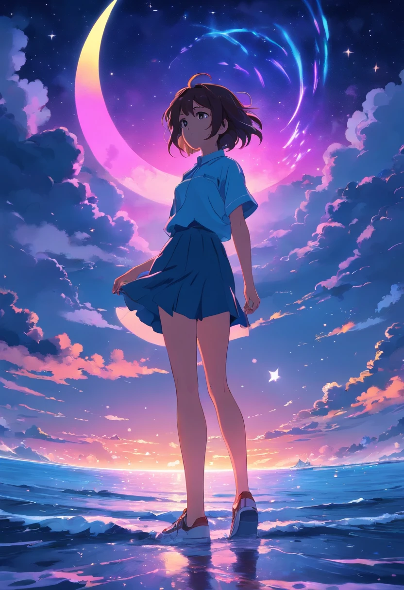 neon light art, in the dark of night, moonlit seas, clouds, moon, stars, colorful, detailed, 4k