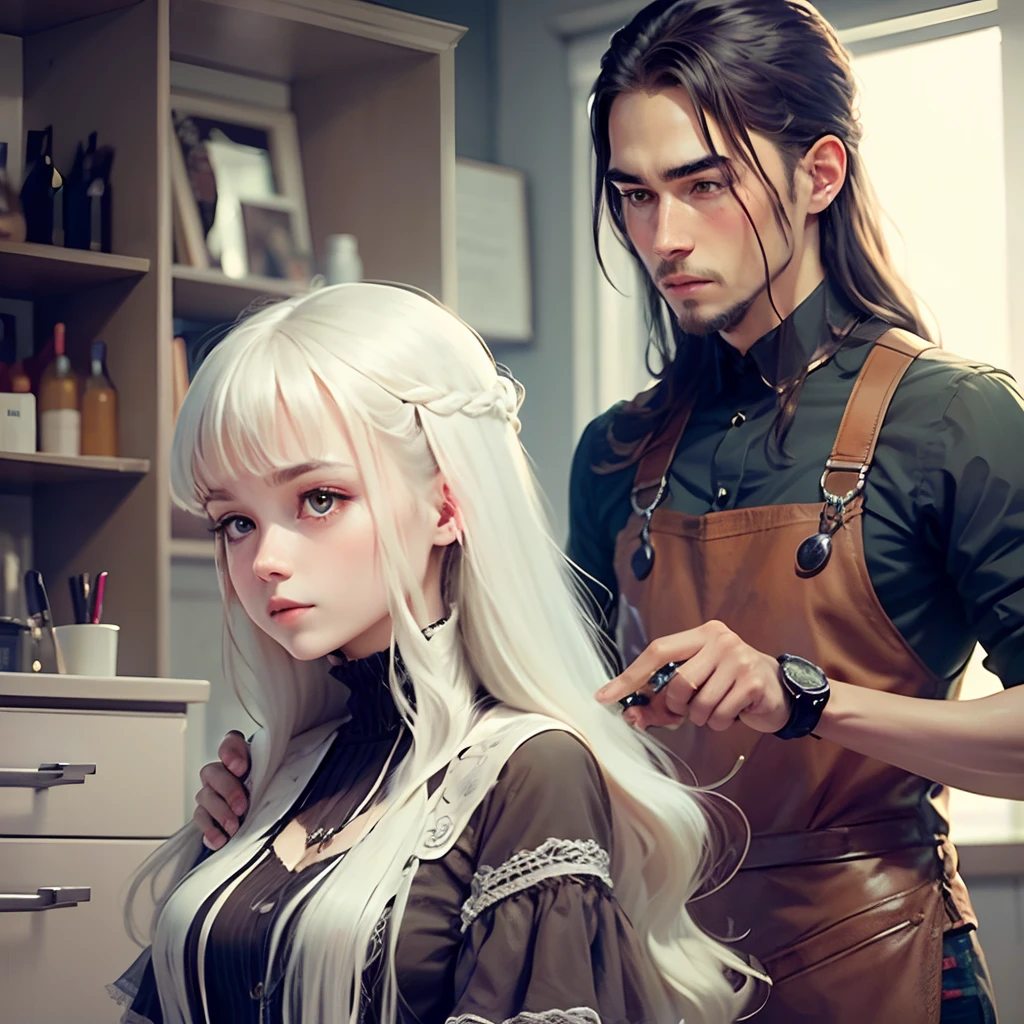 a very very long hair girl, beautiful girl, in barbershop, in barbershop chair, man grabbing girl long hair from behind --auto --s2
