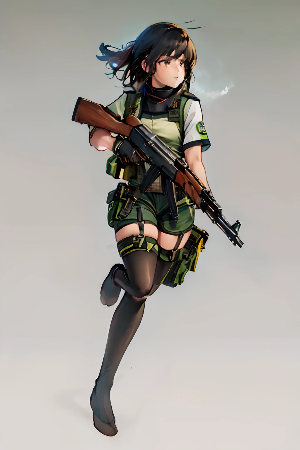 ((best quality)), ((masterpiece)), ((high res)), 1girl, muslim, brown eyes, full body, gloves, black hair, gun, holding and aiming gun, holding weapon, holster, kochiy sanae, pistol, solo, suppressor, thigh holster, thigh strap, trigger discipline, weapon, medium hair, matching pantyhose, tights, shorts