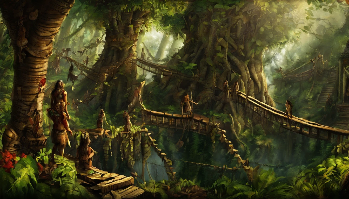 Create a captivating and immersive image of an environment set in the Stone Age era, where a primitive human settlement thrives within an awe-inspiring, fantastical landscape. This landscape features dense, primeval forests with towering, ancient trees, lush vegetation, and vibrant colors that create a sense of depth and wonder. The forest canopy above is a rich tapestry of greens and dappled sunlight filtering through the leaves.
Within the settlement, tribal architecture takes center stage. The structures are masterfully crafted using materials found in this wild environment - mammoth bones, animal hides, woven vines, and enormous skulls of ancient giants. These dwellings are nestled among the colossal roots of the ancient trees, blending seamlessly with nature. The settlement is interconnected with a network of rope bridges, hanging gardens, and elevated walkways that wind their way through the towering trees, giving the impression of a world in the treetops.
Prehistoric humans are depicted living harmoniously in this surreal environment. They are engaged in various activities, including hunting, gathering, and crafting, all while surrounded by the abundant flora and fauna of this lush, untamed world. The humans' clothing, tools, and body paint reflect their tribal culture, with intricate patterns and vibrant colors adding to the visual richness of the scene.