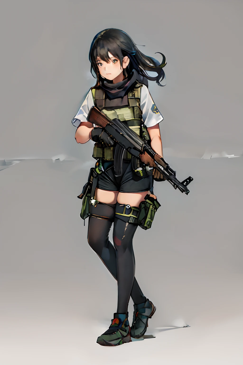 ((best quality)), ((masterpiece)), ((high res)), 1girl, muslim, brown eyes, full body, gloves, black hair, gun, holding and aiming gun, holding weapon, holster, kochiy sanae, pistol, solo, suppressor, thigh holster, thigh strap, trigger discipline, weapon, medium hair, matching pantyhose, tights, shorts