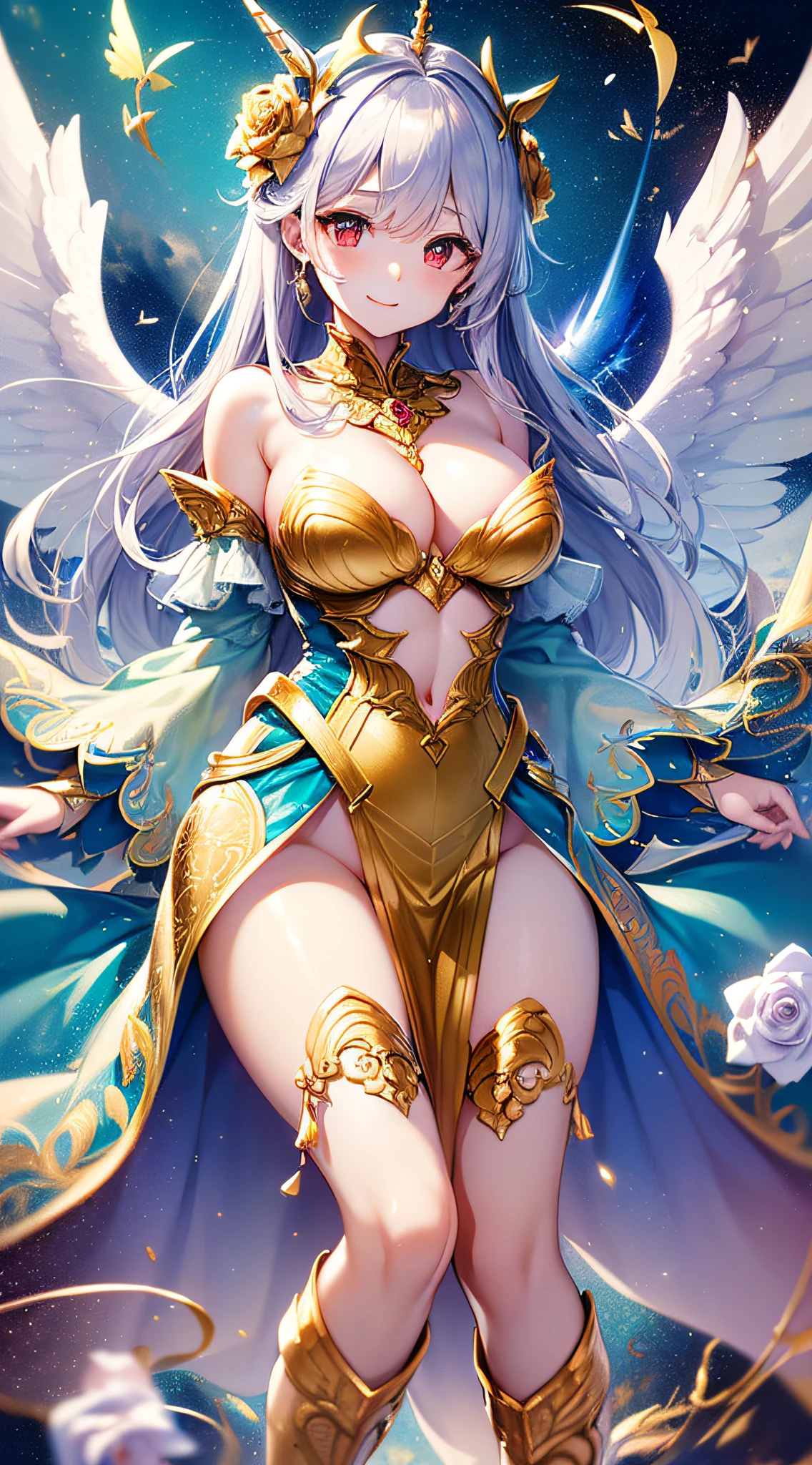 top-quality、Top image quality、masterpiece、girl with((18year old、bright clothes、White bra、white dres、Gold Skirt、 Best Bust、Bust 90、Long silver hair、Red Eyes、open chest wide、Valley、Happiness、A slender、Angelic face、Aura of Light、Wings of the Universe、Angel Boots、GOLD accessory、White rose hair fastening))hiquality、Beautiful Art、Background with((crystal clear skies、Golden light pours down、Blue Thunder、Many Angels、Shining House、unicorn、Heavenly Light))、masutepiece、Elaborate design、visualart、