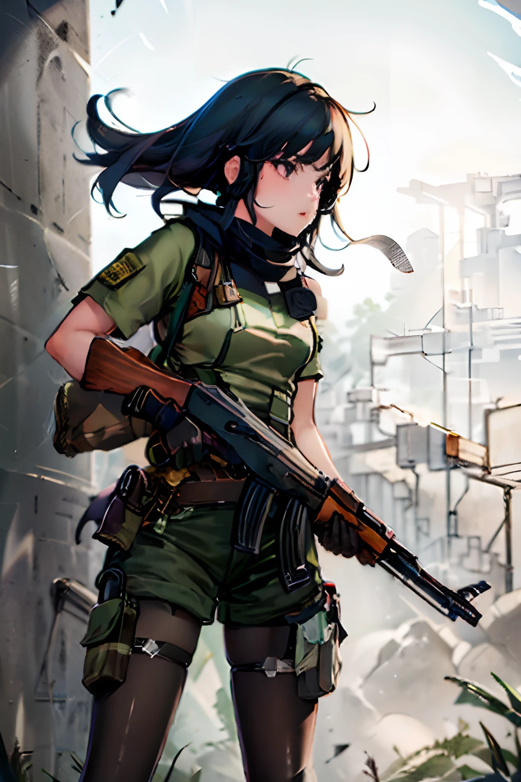 ((best quality)), ((masterpiece)), ((high res)), 1girl, muslim, brown eyes, full body, gloves, black hair, gun, holding and aiming gun, holding weapon, holster, kochiy sanae, pistol, solo, suppressor, thigh holster, thigh strap, trigger discipline, weapon, medium hair, matching pantyhose, tights, shorts