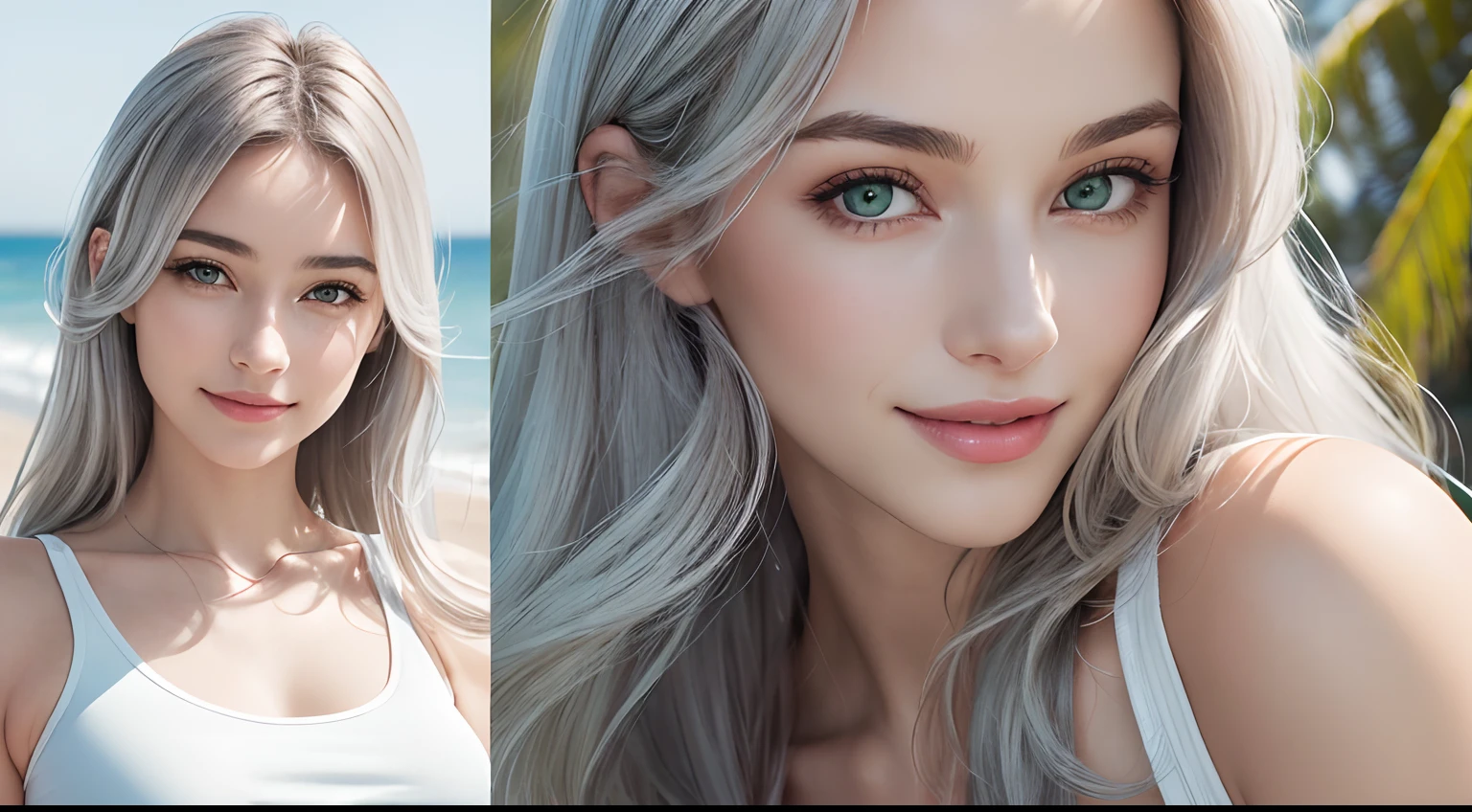 (Masterpiece, Best Quality, Photorealistic, high resolucion, photography, :1.3), (Woman in her 40s, )Close-up shots of faces, Close-up shots of faces, Close-up shots of faces,  Sharp focus, (1 Girl, A European girl, Popular models), Realistic skin, Slender body type, ???????????, (Her long, Pure white silver hair swept to the side, extremely detailed hair), Delicate ???? face, Organoleptic gases, Sparkling lips,(green pupil),(green pupil),(green pupil), ((realisitic, A hyper-realistic, realism, realistic detailed)), (Medium ????:1.5), (White tank top T-shirt and ripped jean shorts), (A slender waist), (slim thigh), (Small ????), (Sorrisos),  (seaside, waves, palm tree) (seaside, waves, palm tree), (Long straight hair), A woman is standing, (Sorrisos), (Sorrisos)