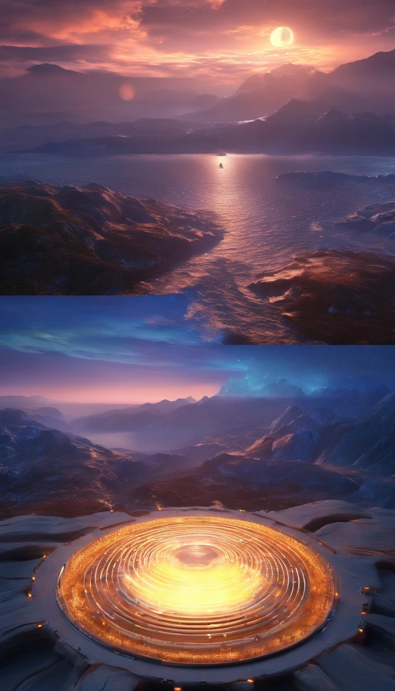 Luminous energy energy circle。 Metallic。Placed vertically between the open mountains and the sea 。Sense of space, Outer space science fiction