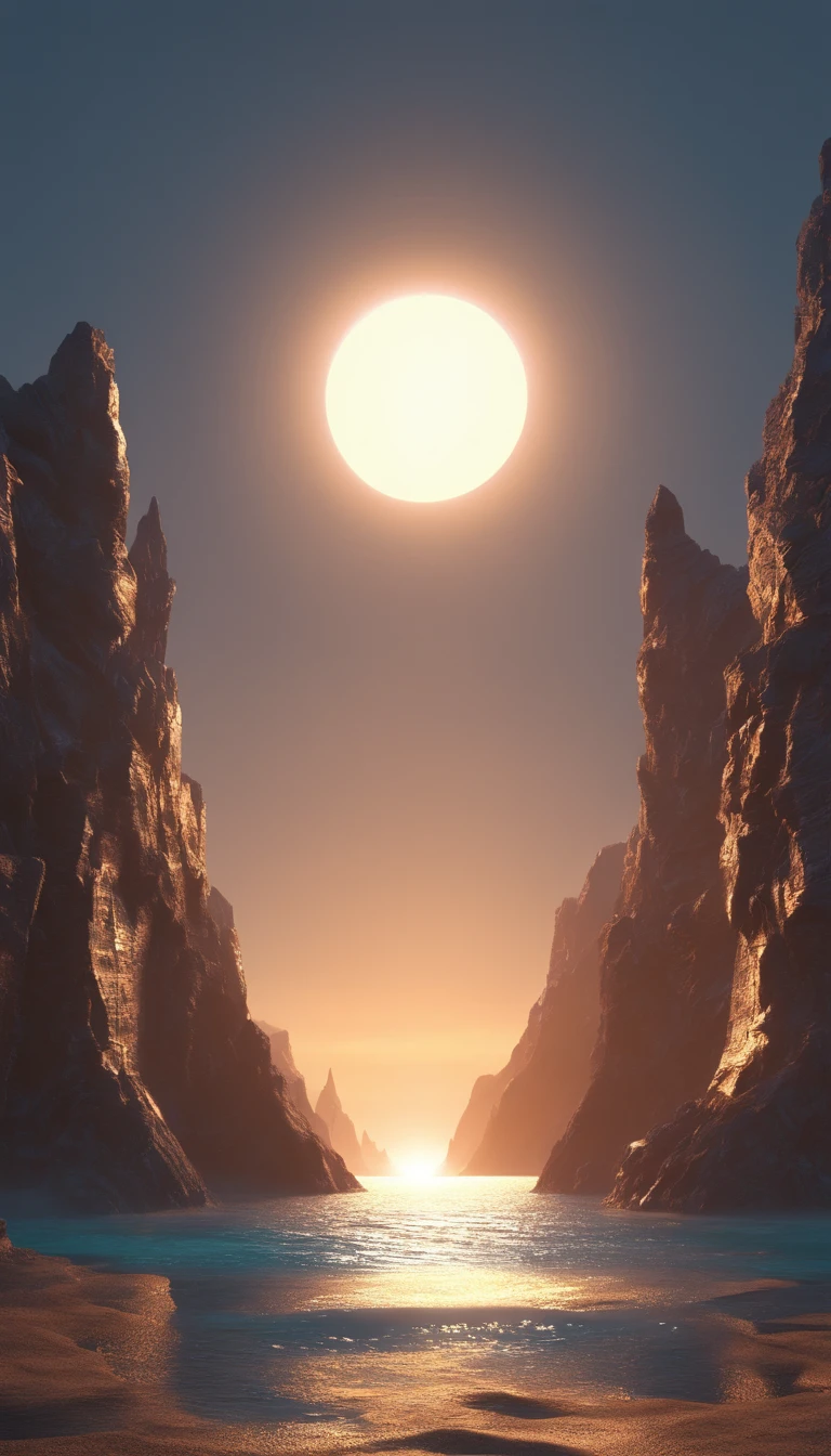 Luminous energy energy circle。  Metallic。Placed vertically between the open mountains and the sea 。Sense of space, Outer space science fiction